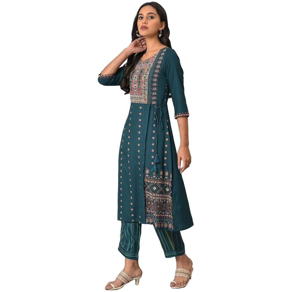 W for Woman Teal Printed A-line Mock Layer Kurta_23FEW18161-118736_S