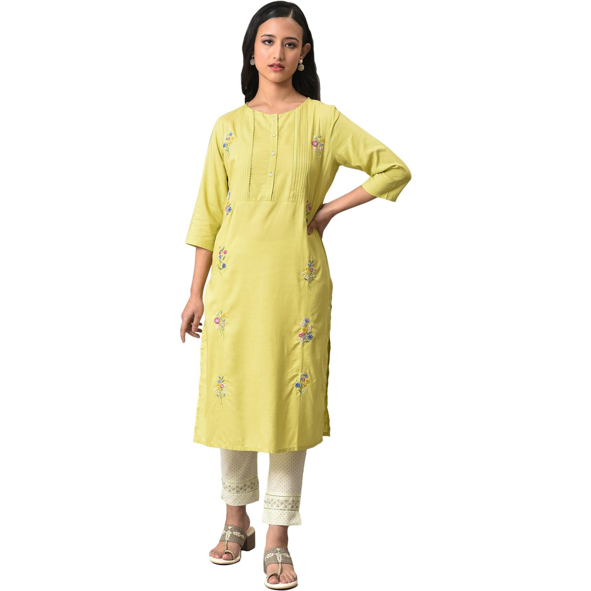 W for Woman Light Green Embroidered Pintuck Summer Kurta_23FEW18933-219096_L_12