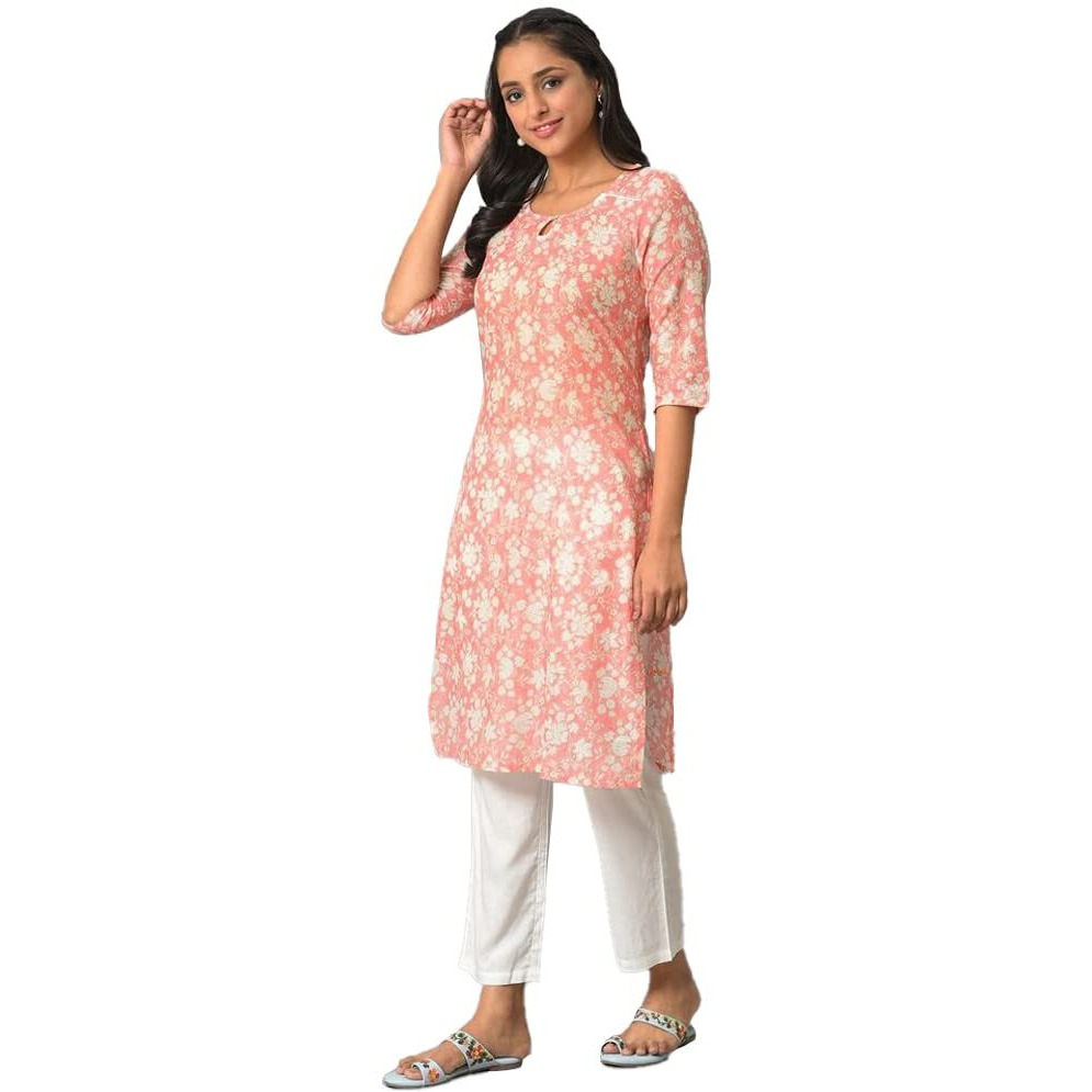 Aurelia Orange Floral Printed Printed Cotton Regular Kurta for Women
