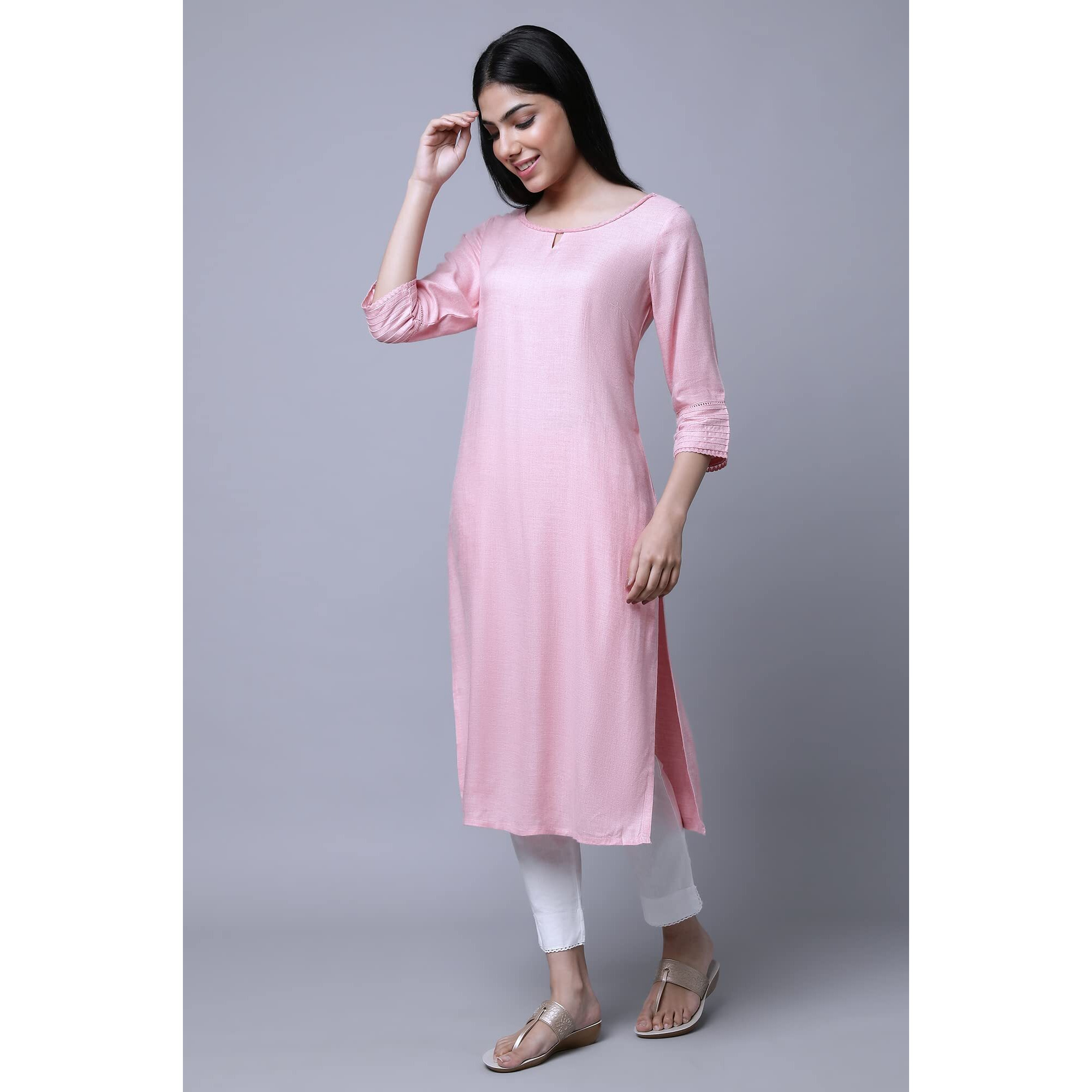 Aurelia Women's Viscose Solid Regular Kurta (23FEA12231-702548_Pink