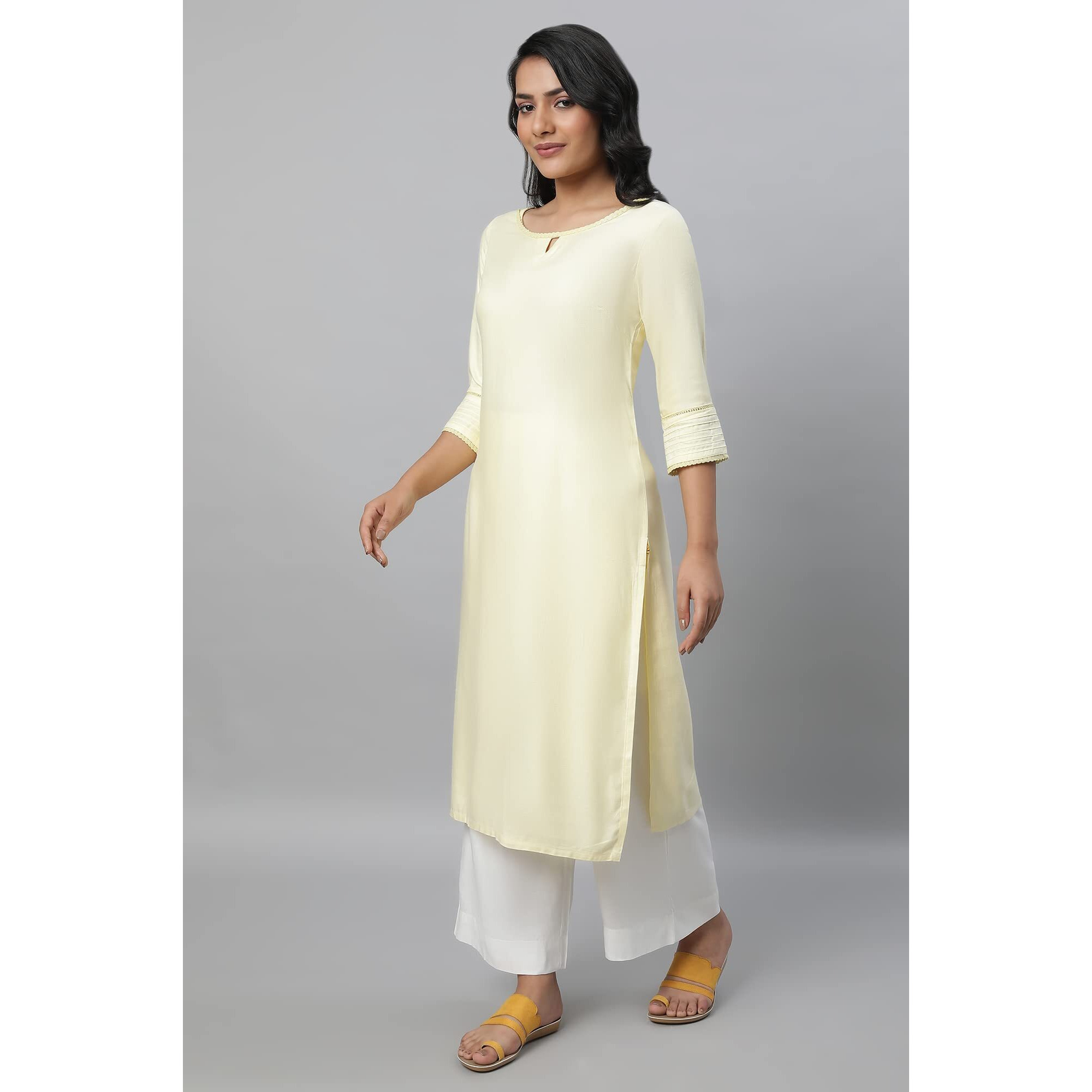 Aurelia Women's Viscose Solid Regular Kurta (23FEA12231-702549_Yellow_XXL