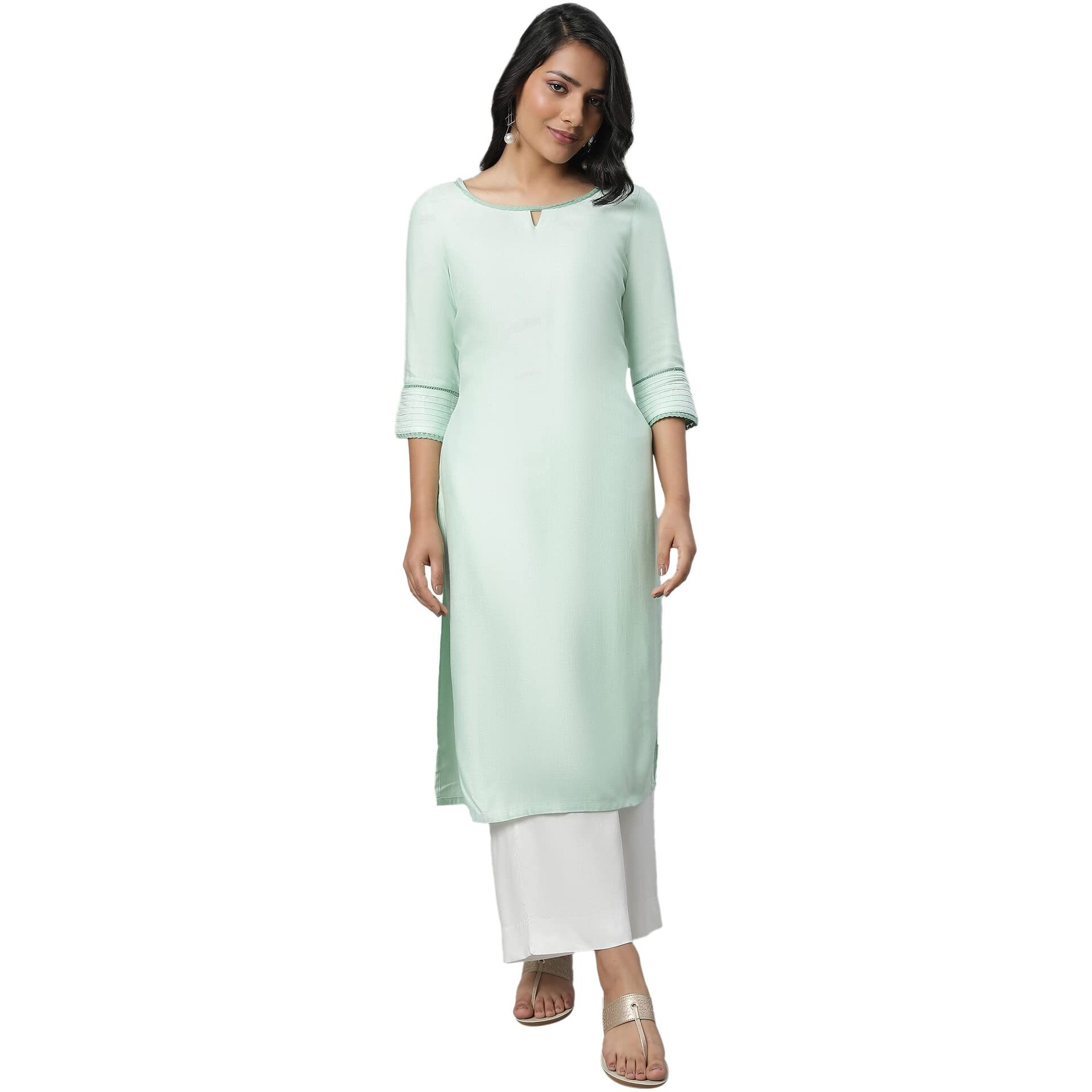 Aurelia Women's Viscose Solid Regular Kurta (23FEA12231-702550_Green