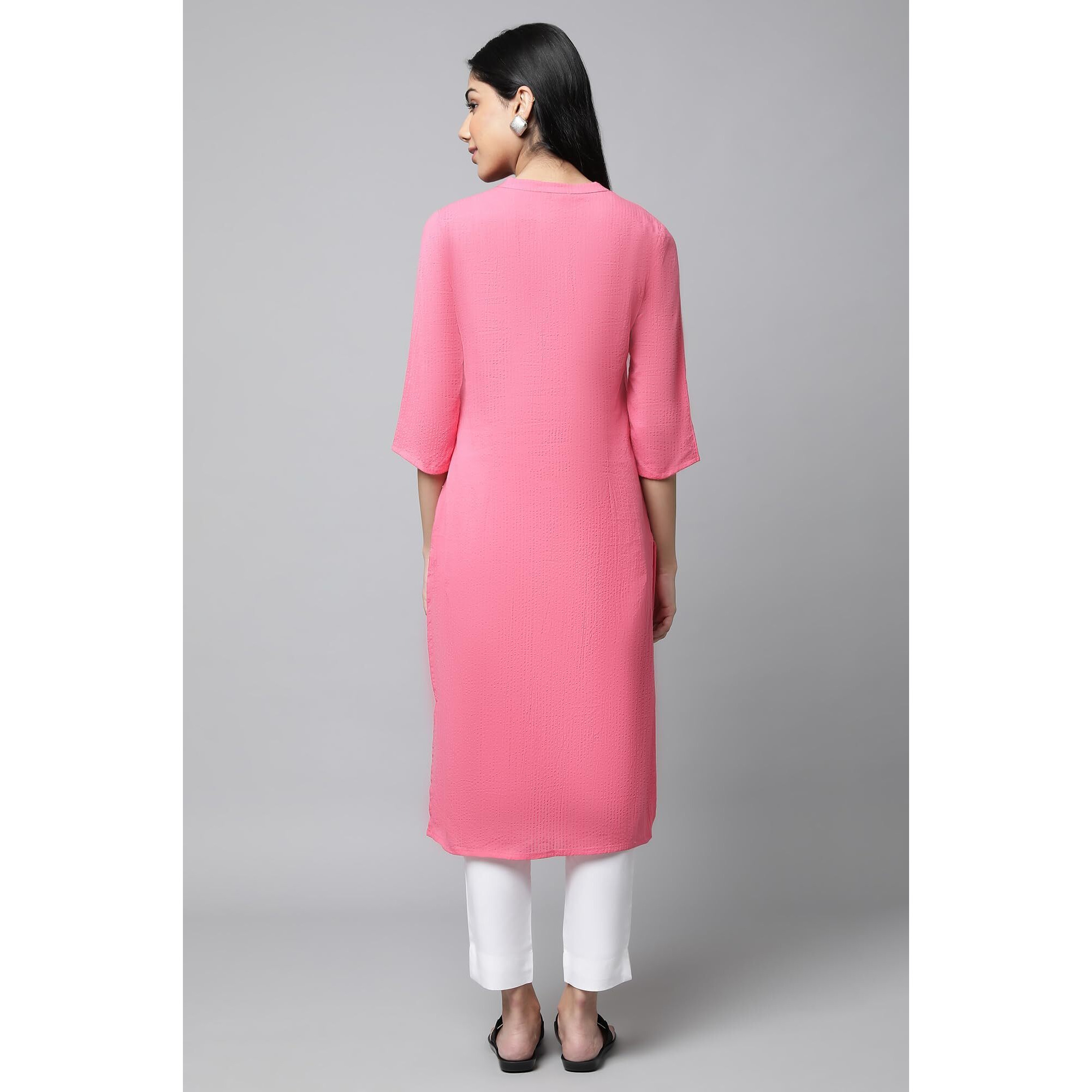 Aurelia Women's Cotton Solid Regular Pink Sheer Sucker Summer Basic Kurta (23FEA14092-605791