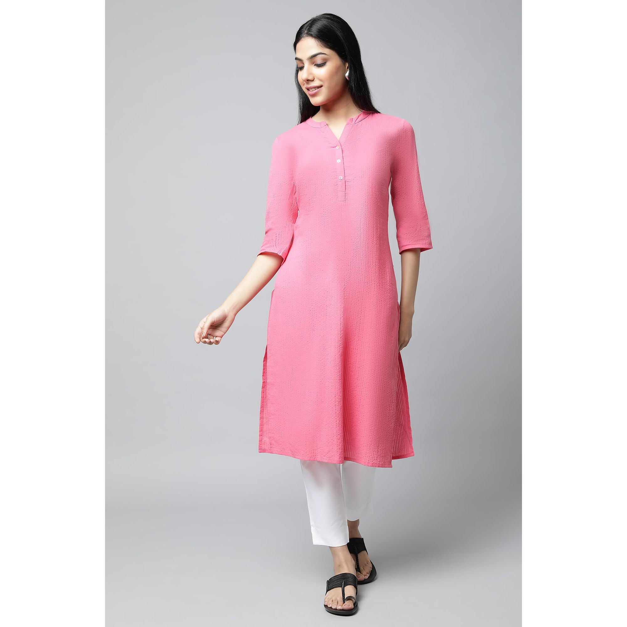 Aurelia Women's Cotton Solid Regular Pink Sheer Sucker Summer Basic Kurta (23FEA14092-605791