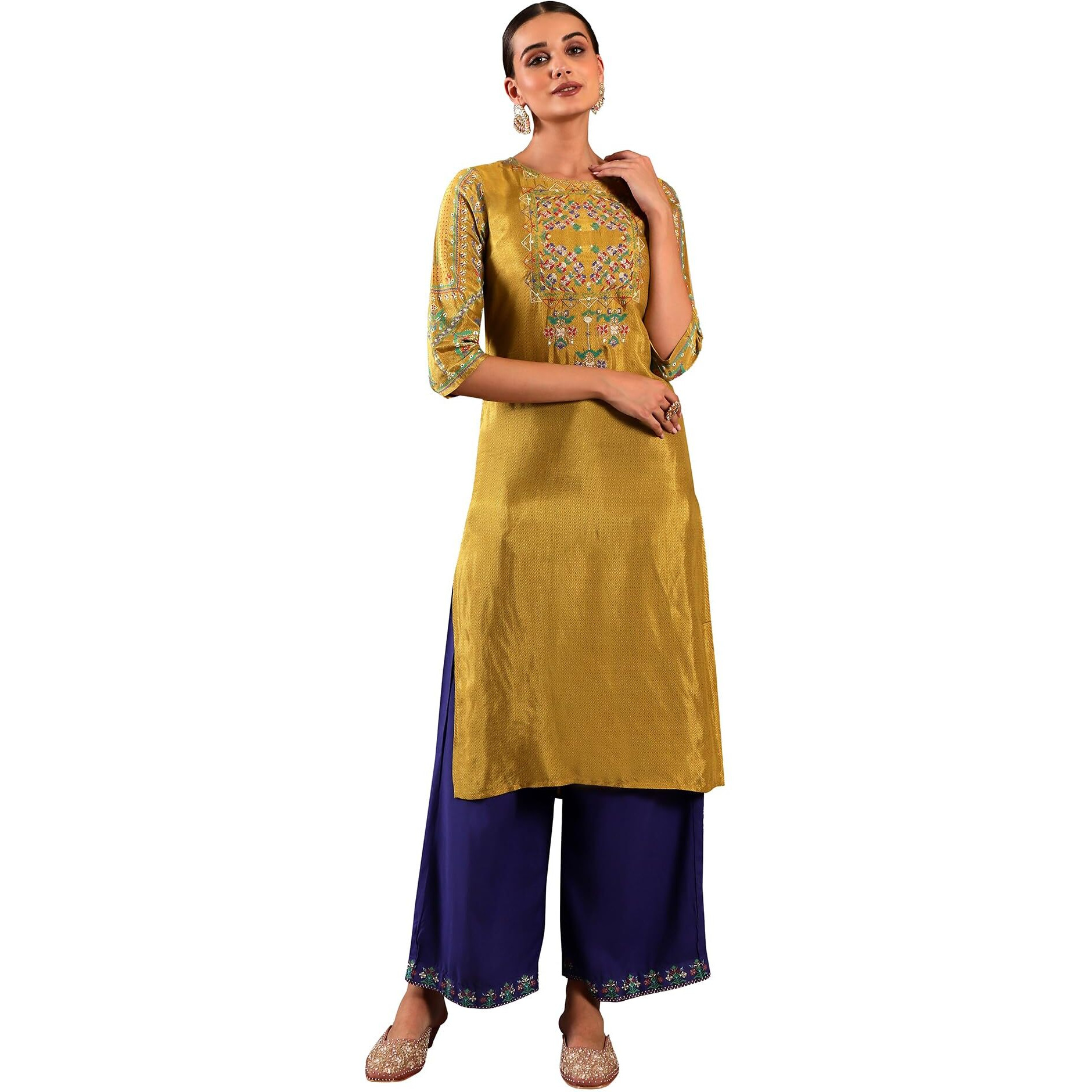 W Dark Yellow Embroidered Straight-Long Kurta for Women