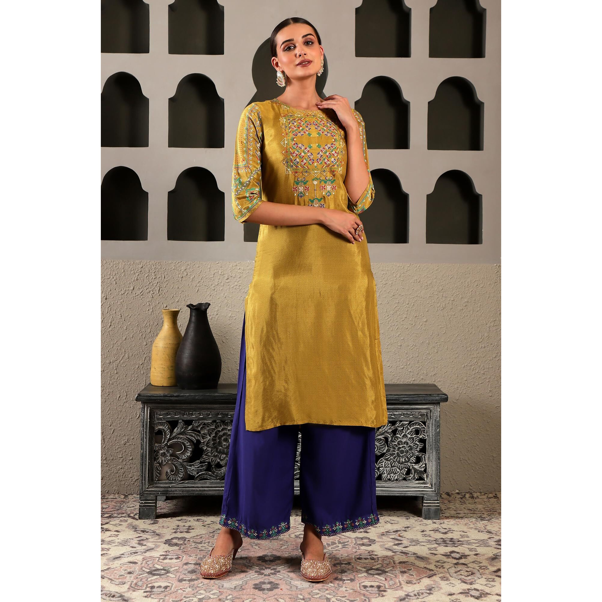 W Dark Yellow Embroidered Straight-Long Kurta for Women