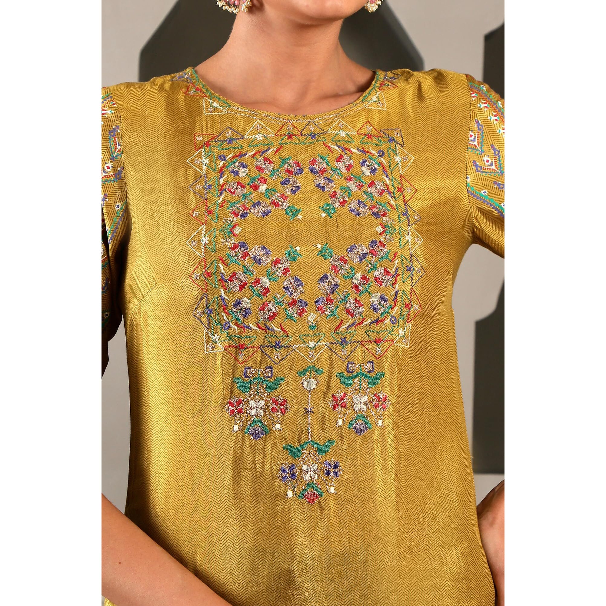 W Dark Yellow Embroidered Straight-Long Kurta for Women