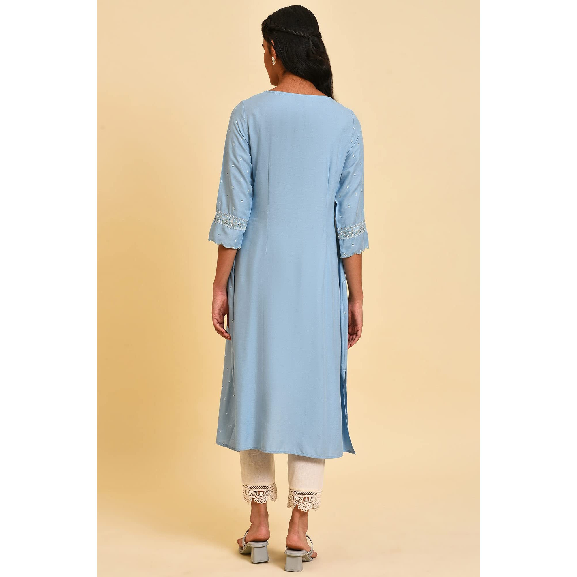 W for Woman Blue Glitter Printed A-line Kurta_23FEW18651-120060_XS