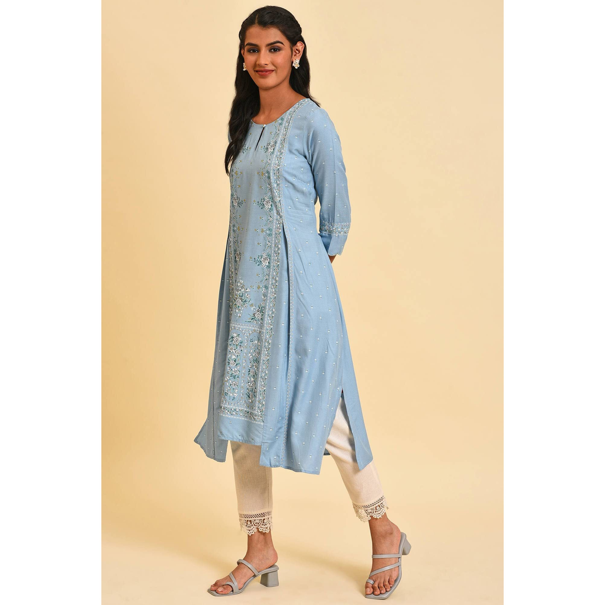 W for Woman Blue Glitter Printed A-line Kurta_23FEW18651-120060_S_8