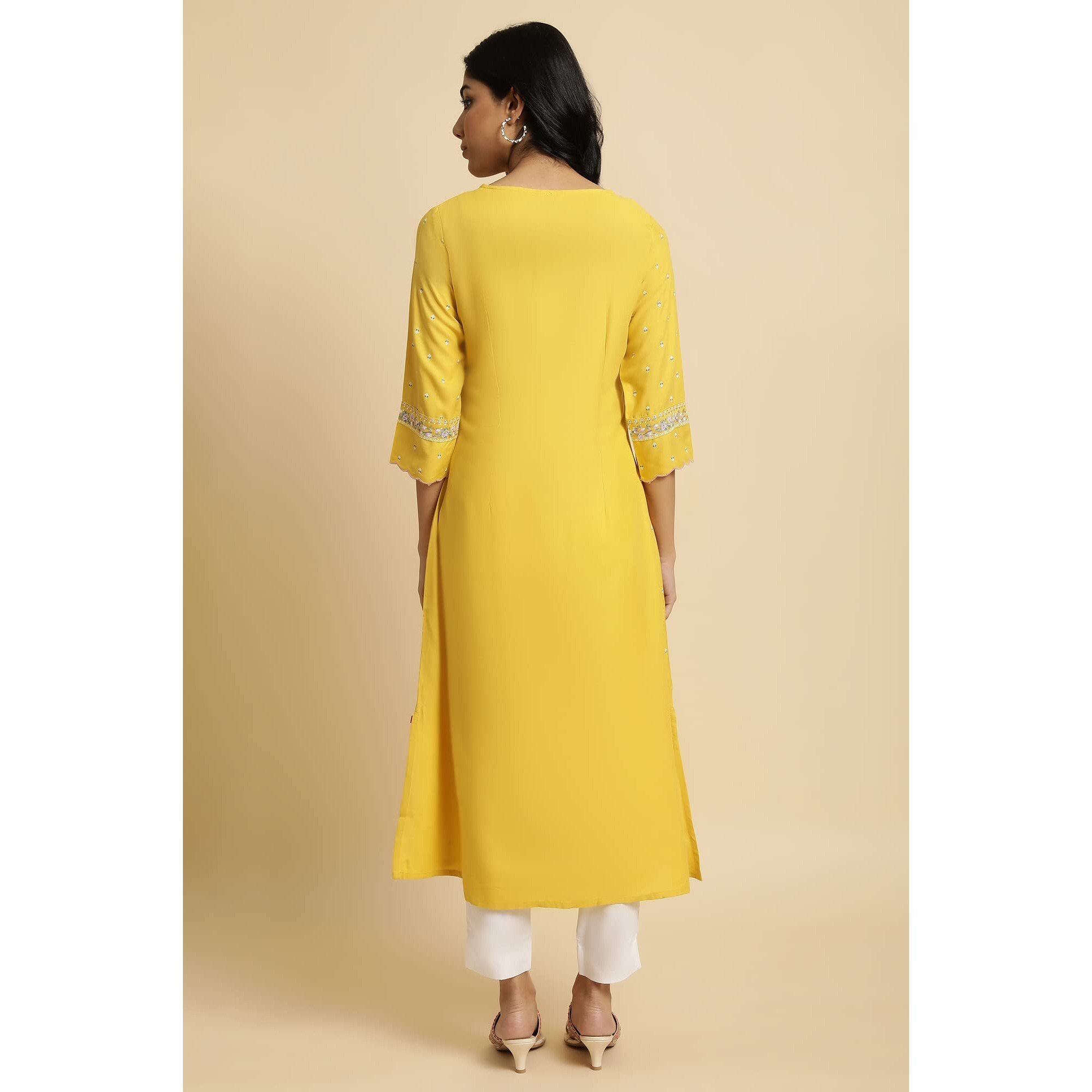 W for Woman Yellow Glitter Printed A-line Kurta_23FEW18651-120059_S_8