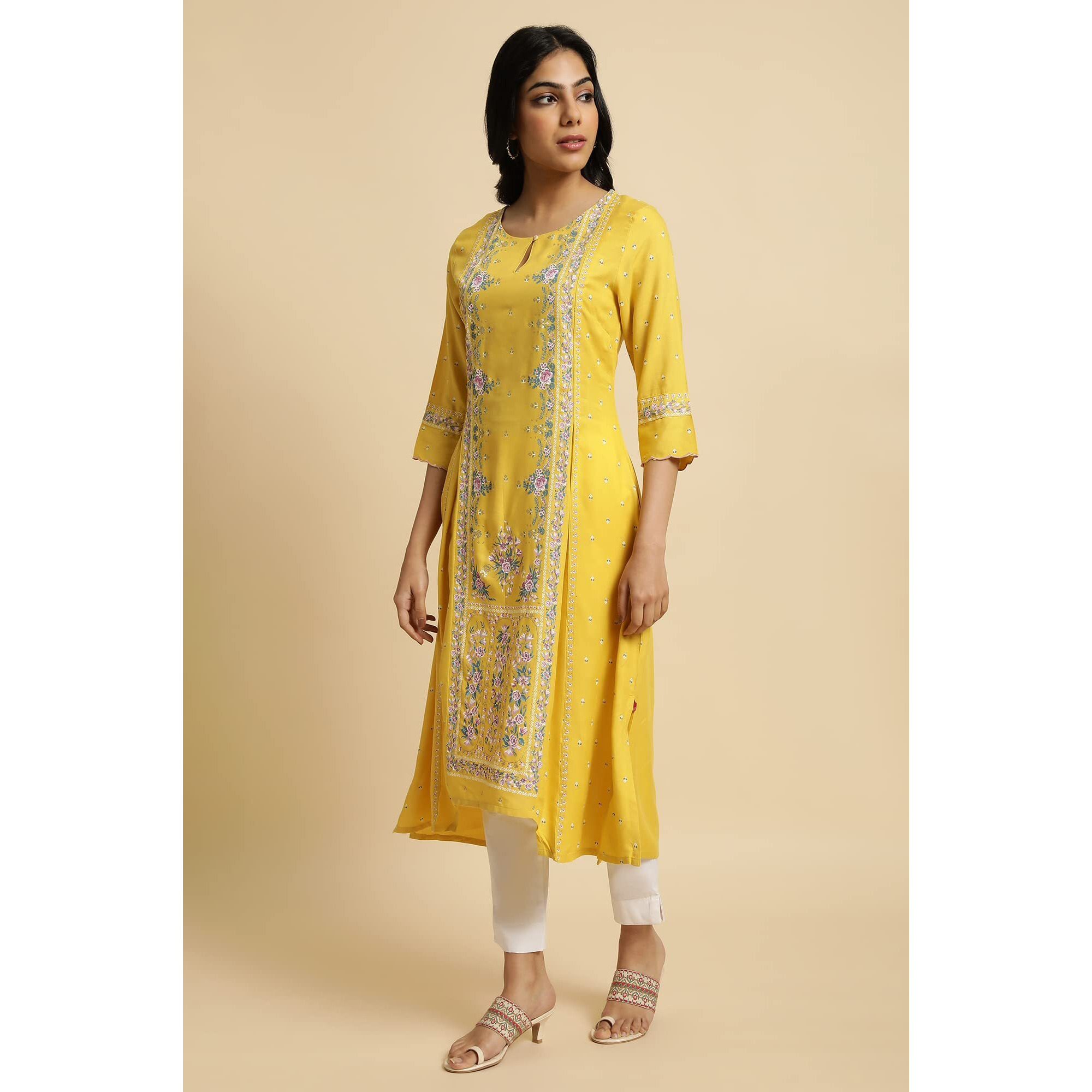 W for Woman Yellow Glitter Printed A-line Kurta_23FEW18651-120059_S_8