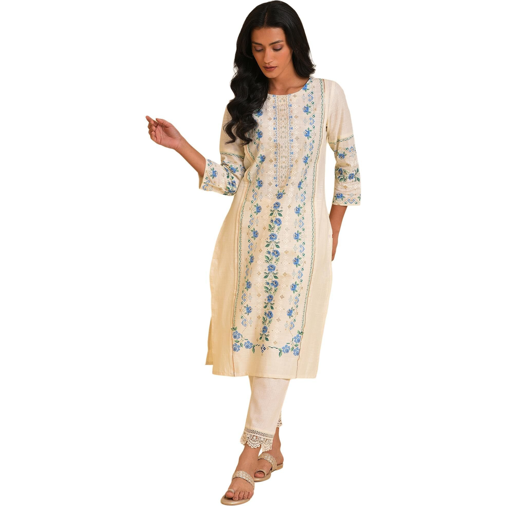 W for Woman Ecru Floral Printed Cotton Straight Long Kurta