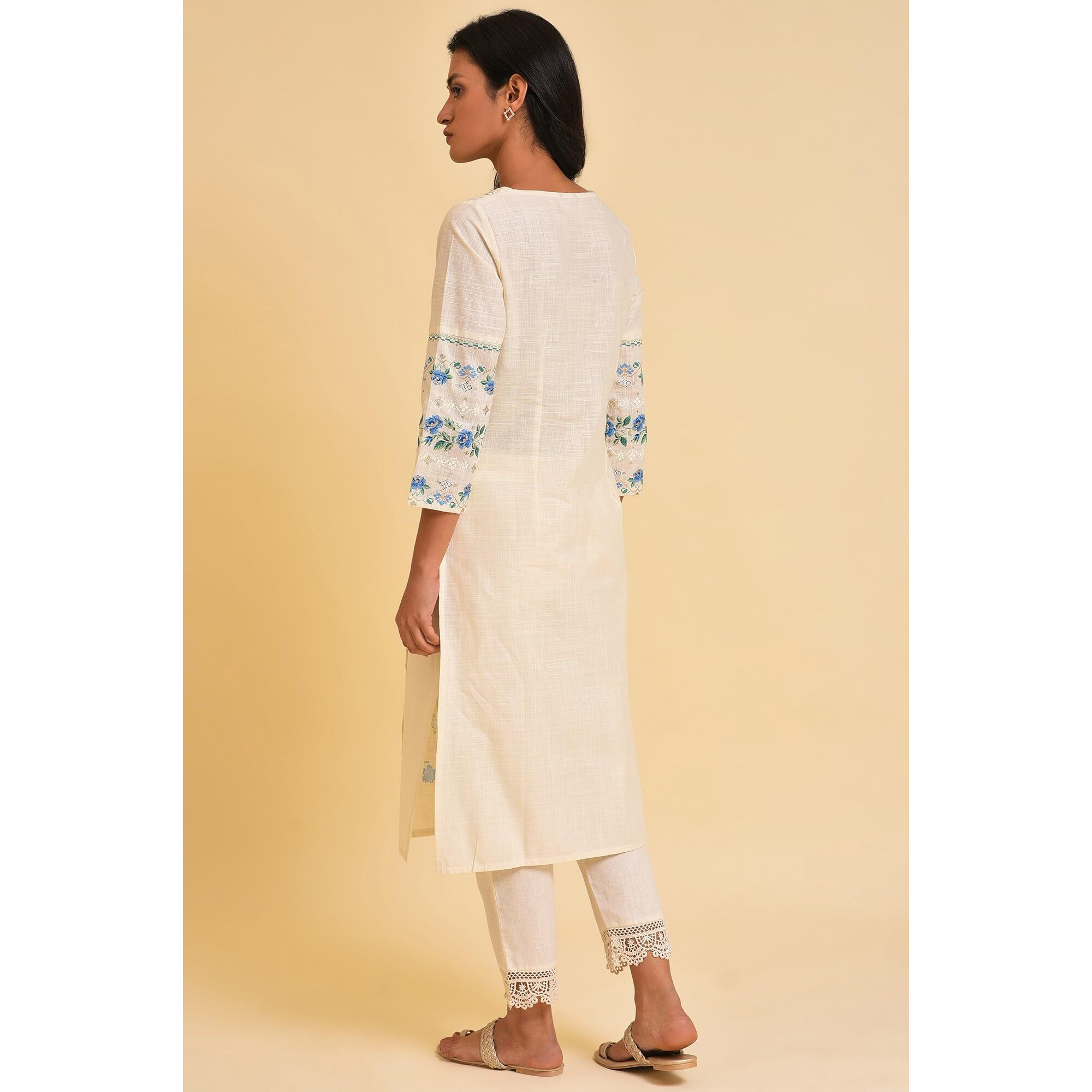 W for Woman Ecru Floral Printed Cotton Straight Long Kurta