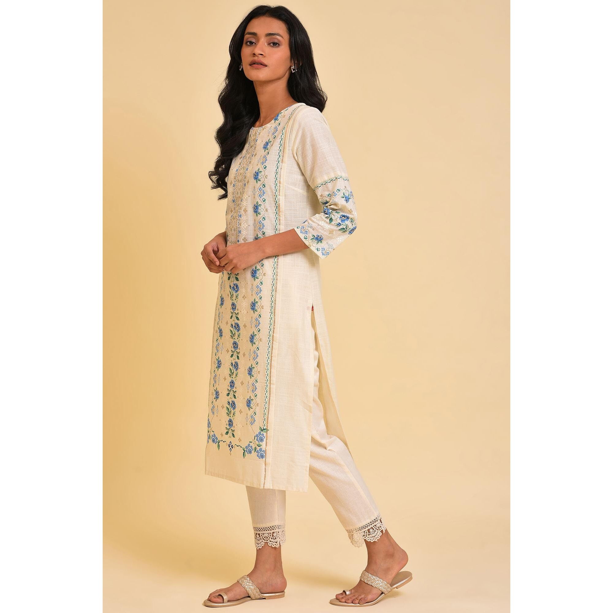 W for Woman Ecru Floral Printed Cotton Straight Long Kurta