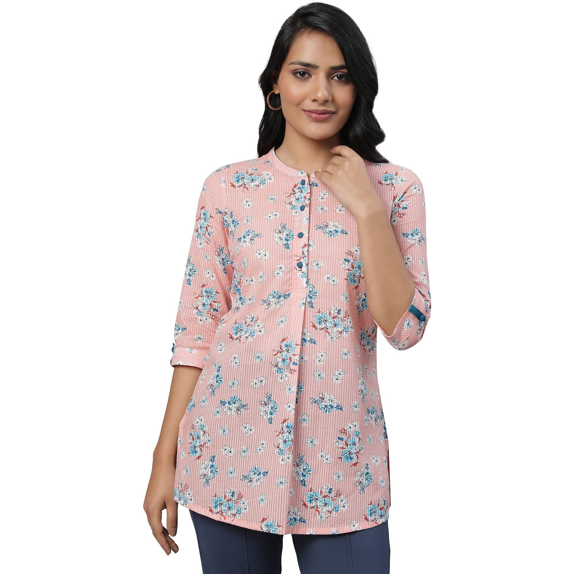 Aurelia Peach Striped Cotton Regular Kurti for Women