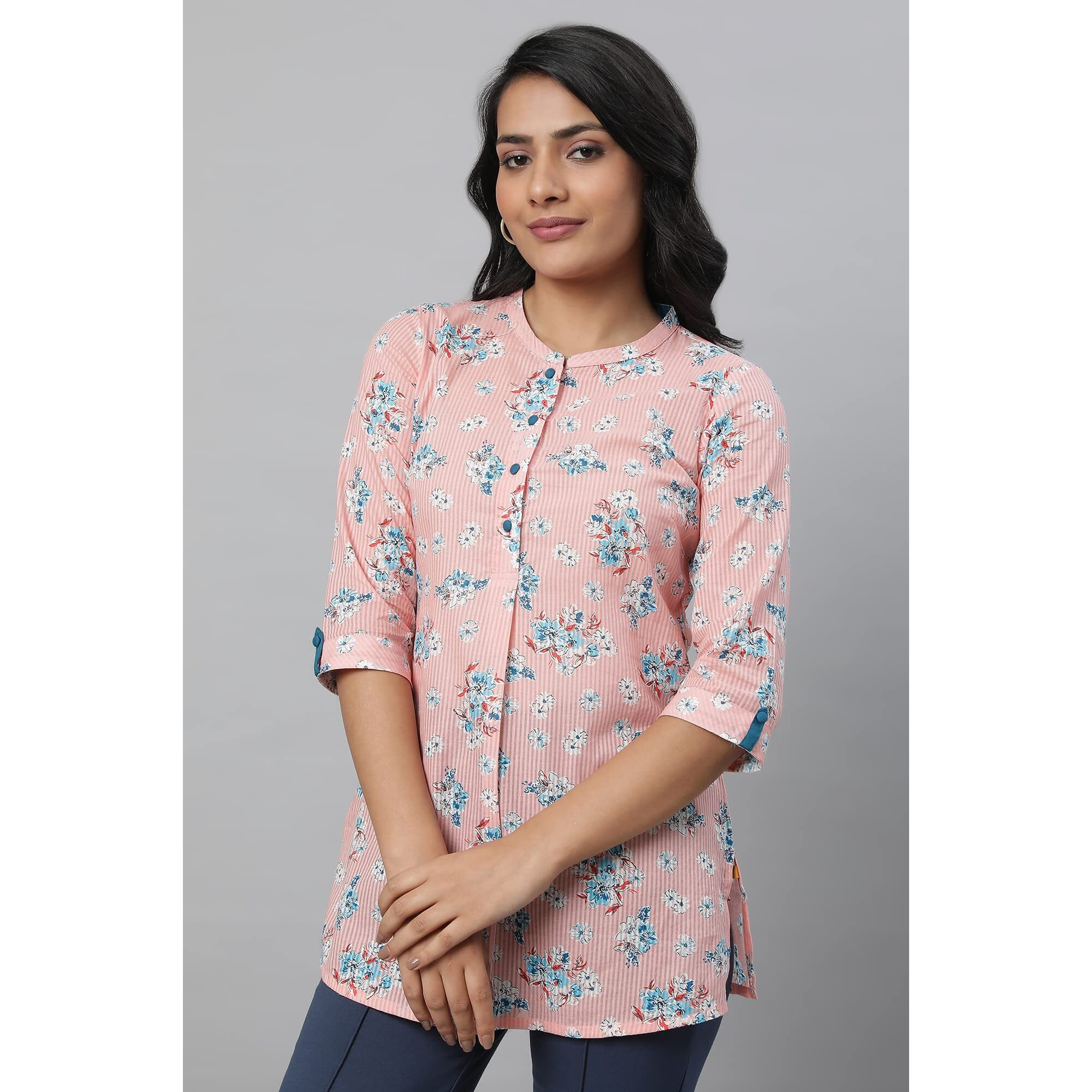 Aurelia Peach Striped Cotton Regular Kurti for Women