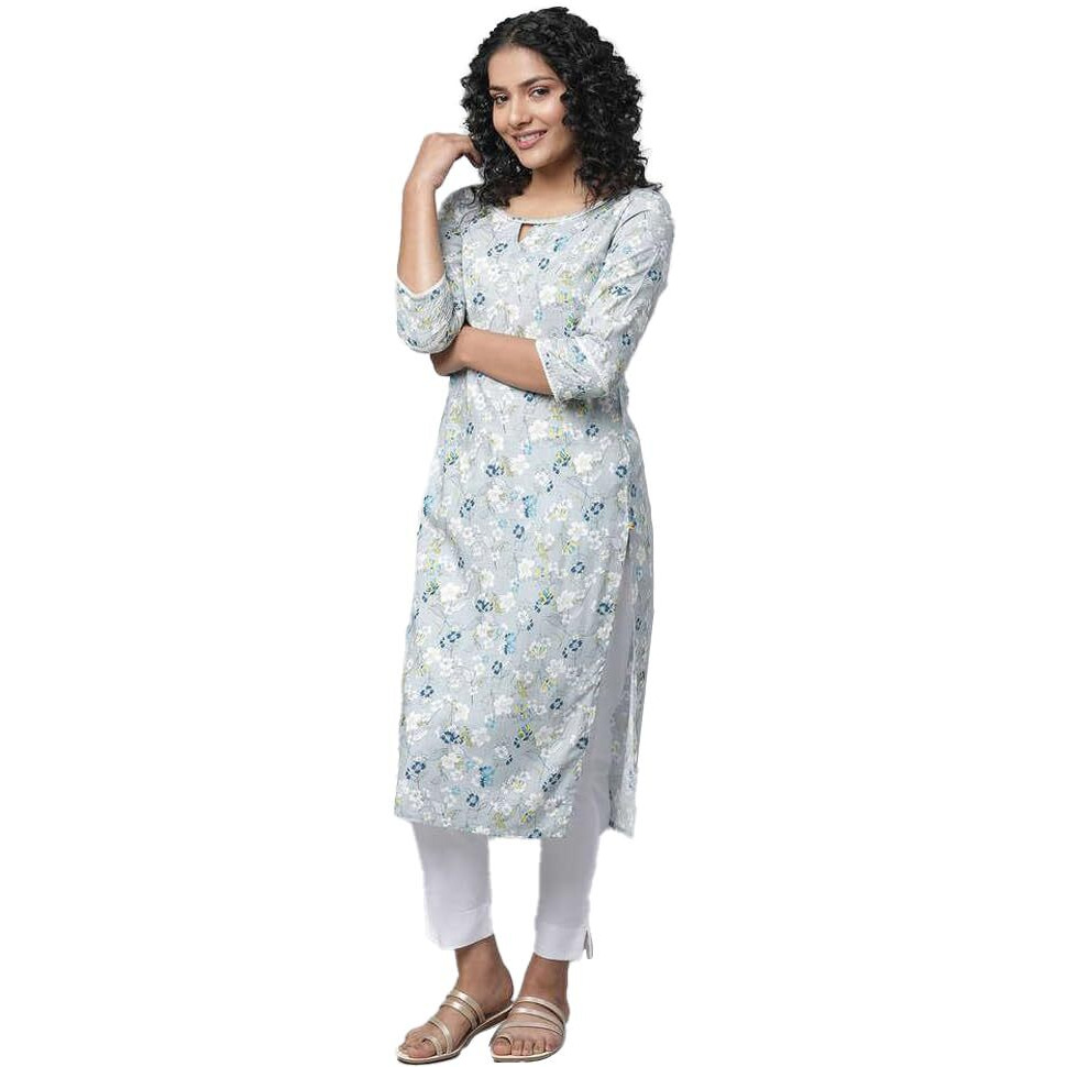 Aurelia Grey Floral Printed Printed Straight Long Kurta for Women