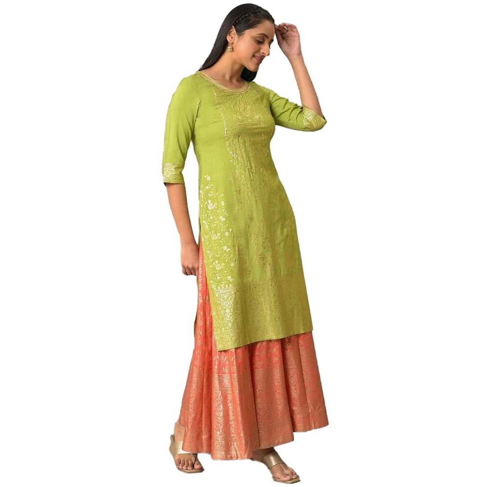 Aurelia Green Foil Hand Work Regular Kurta for Women