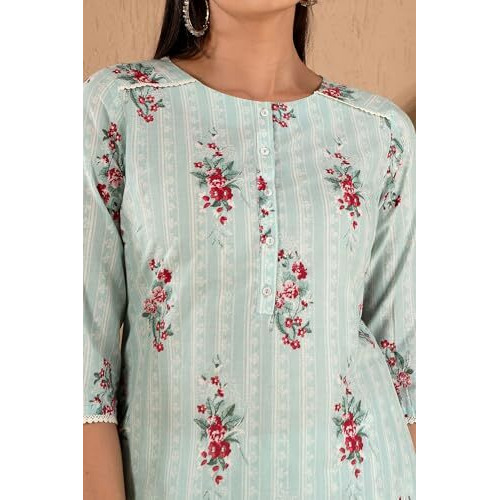 W Women's Light Green Floral Printed Cotton Kurta Dupatta Bottomwear with Lace