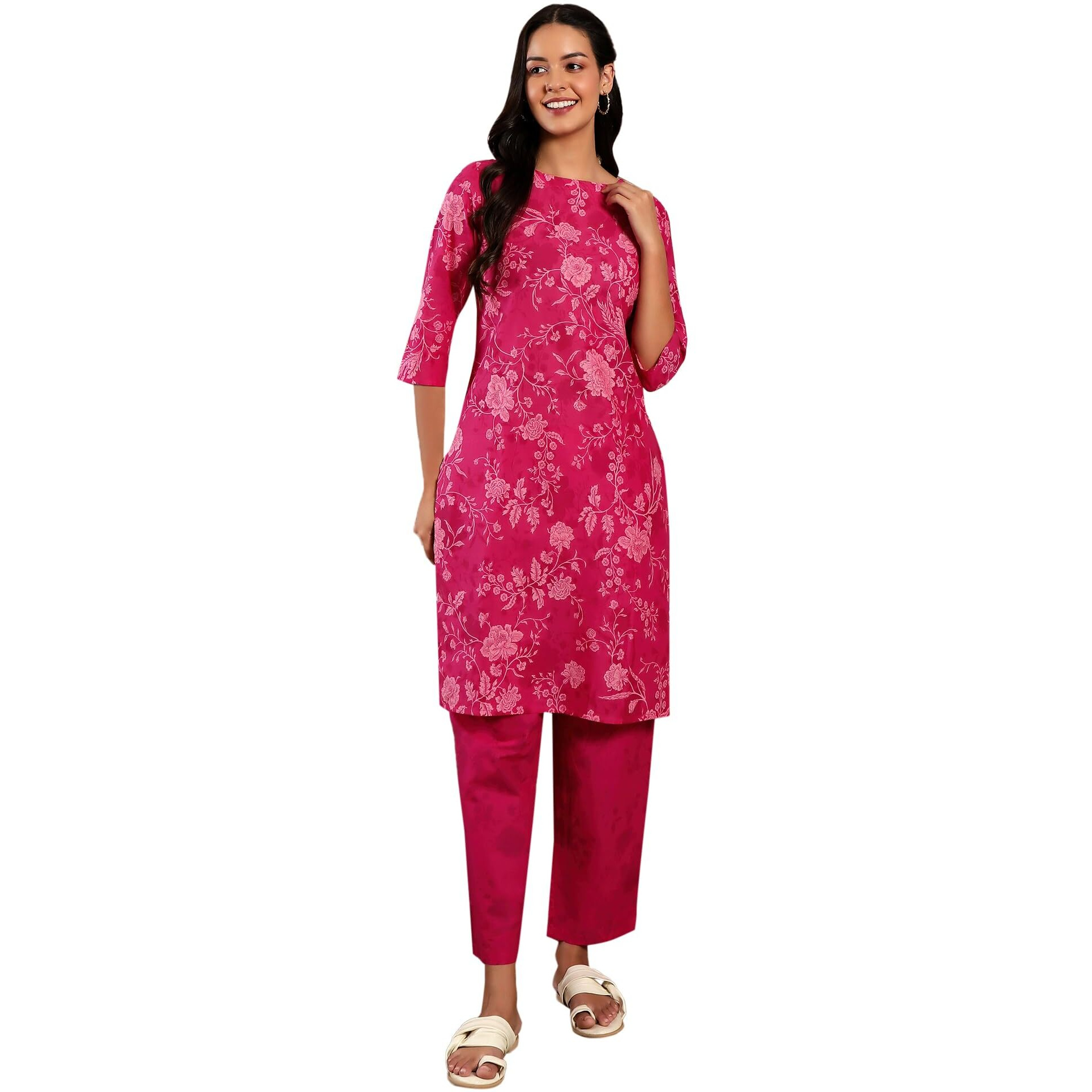 W For Woman Floral Printed Straight Pure Cotton Kurta Co-Rd Set | Lightweight Round Neck Kurta For Women Cotton |Printed Kurta Set For Women | Soft & Breathable Regular Fit Kurta Set For Women