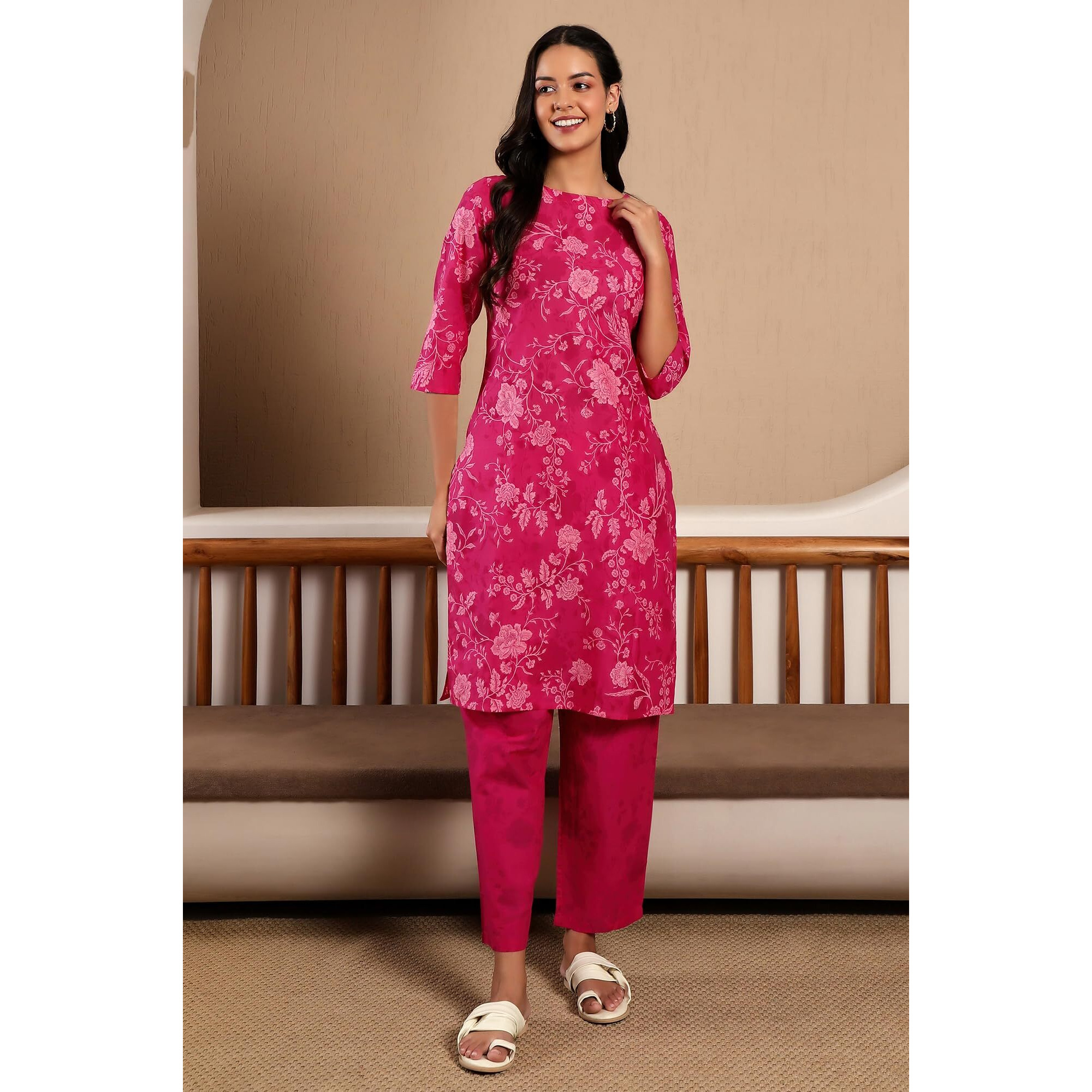 W For Woman Floral Printed Straight Pure Cotton Kurta Co-Rd Set | Lightweight Round Neck Kurta For Women Cotton |Printed Kurta Set For Women | Soft & Breathable Regular Fit Kurta Set For Women