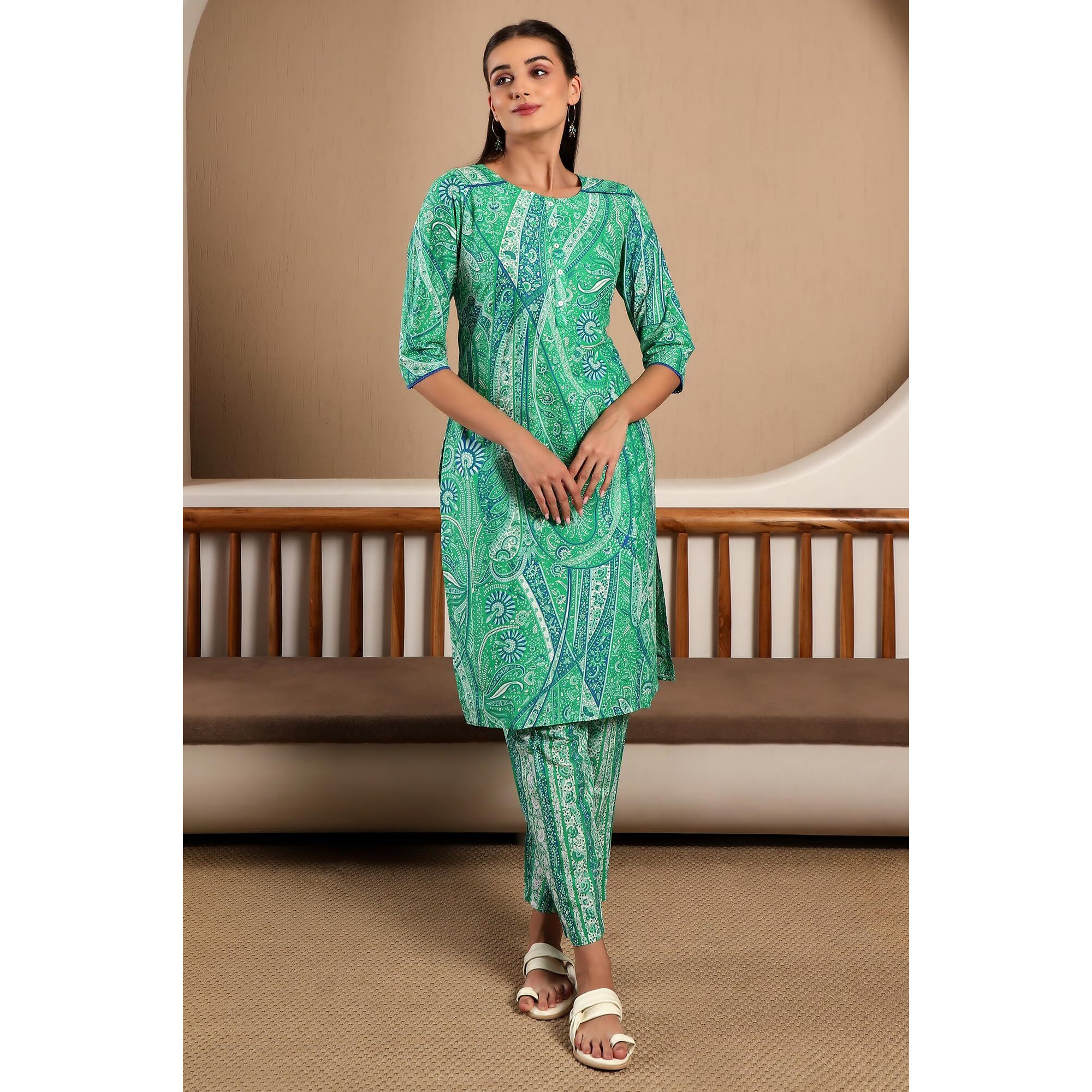W for Woman Dark Green Paisley Printed Cotton Kurta and Pant Set