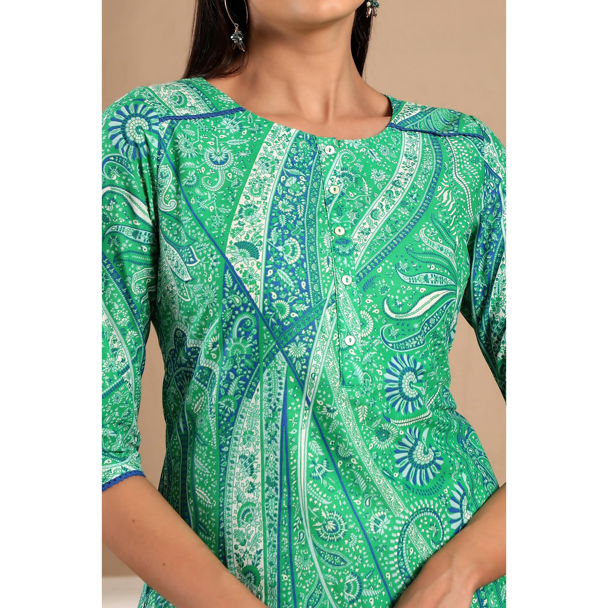 W for Woman Dark Green Paisley Printed Cotton Kurta and Pant Set