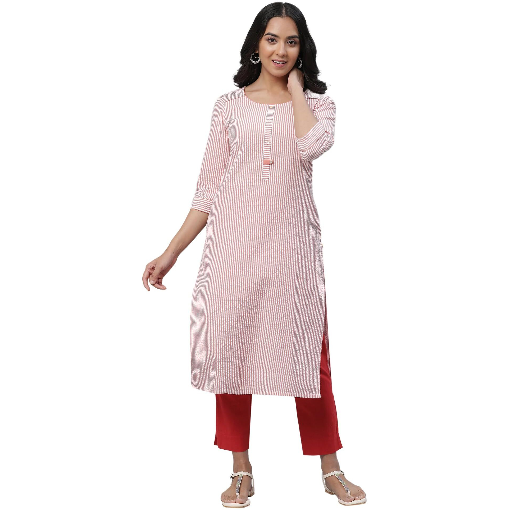 Aurelia Women's Striped Straight Long Peach Cotton Kurta
