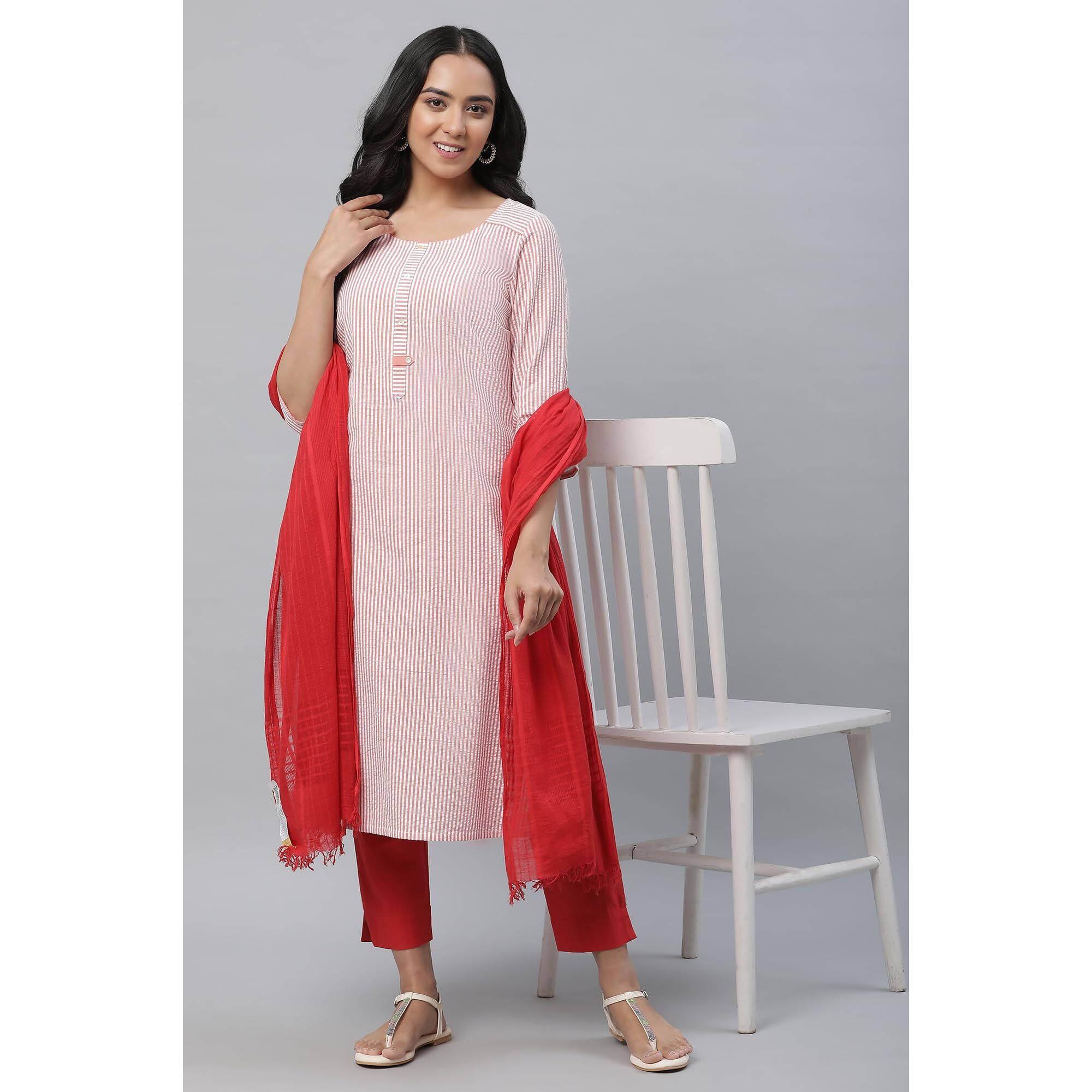 Aurelia Women's Striped Straight Long Peach Cotton Kurta