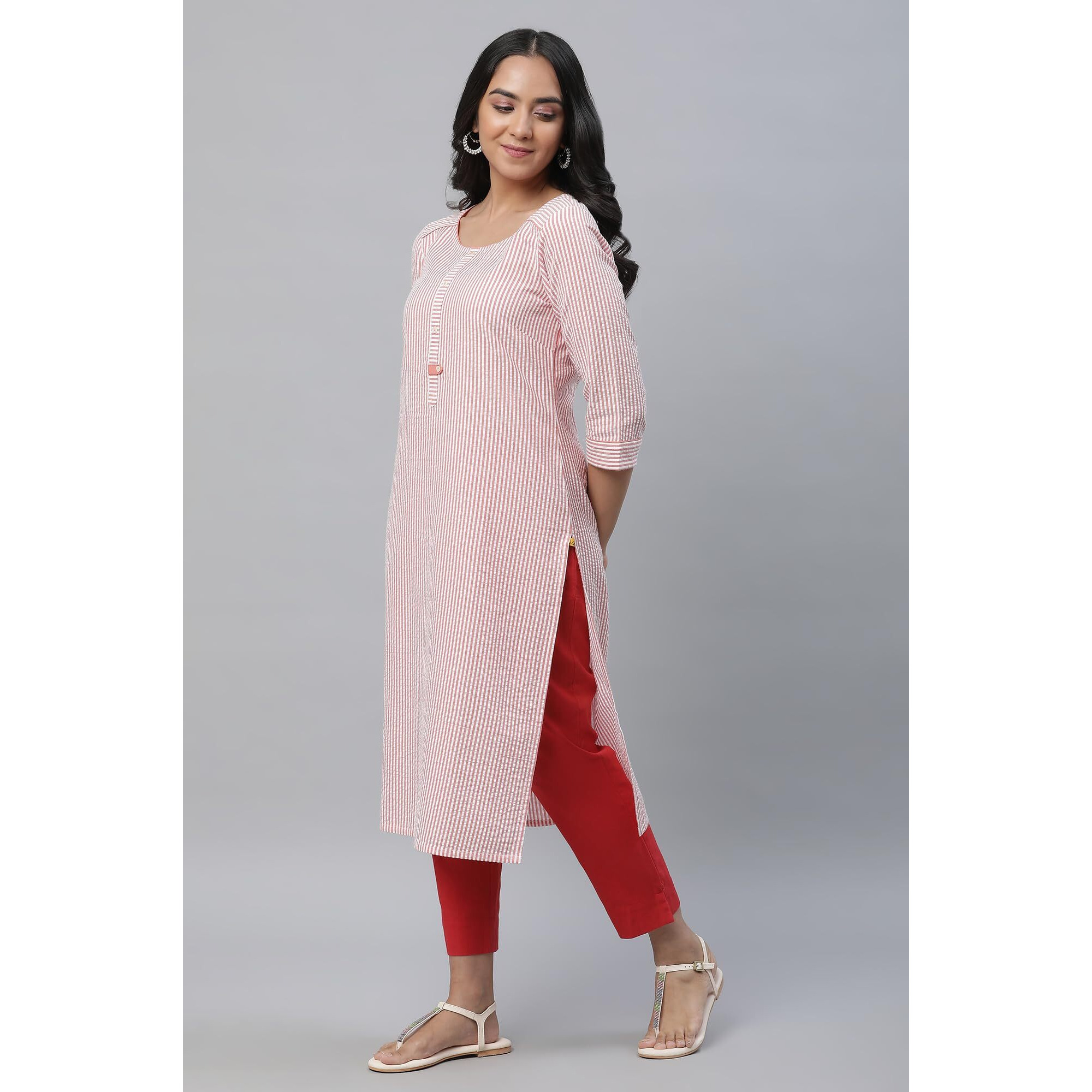 Aurelia Women's Striped Straight Long Peach Cotton Kurta