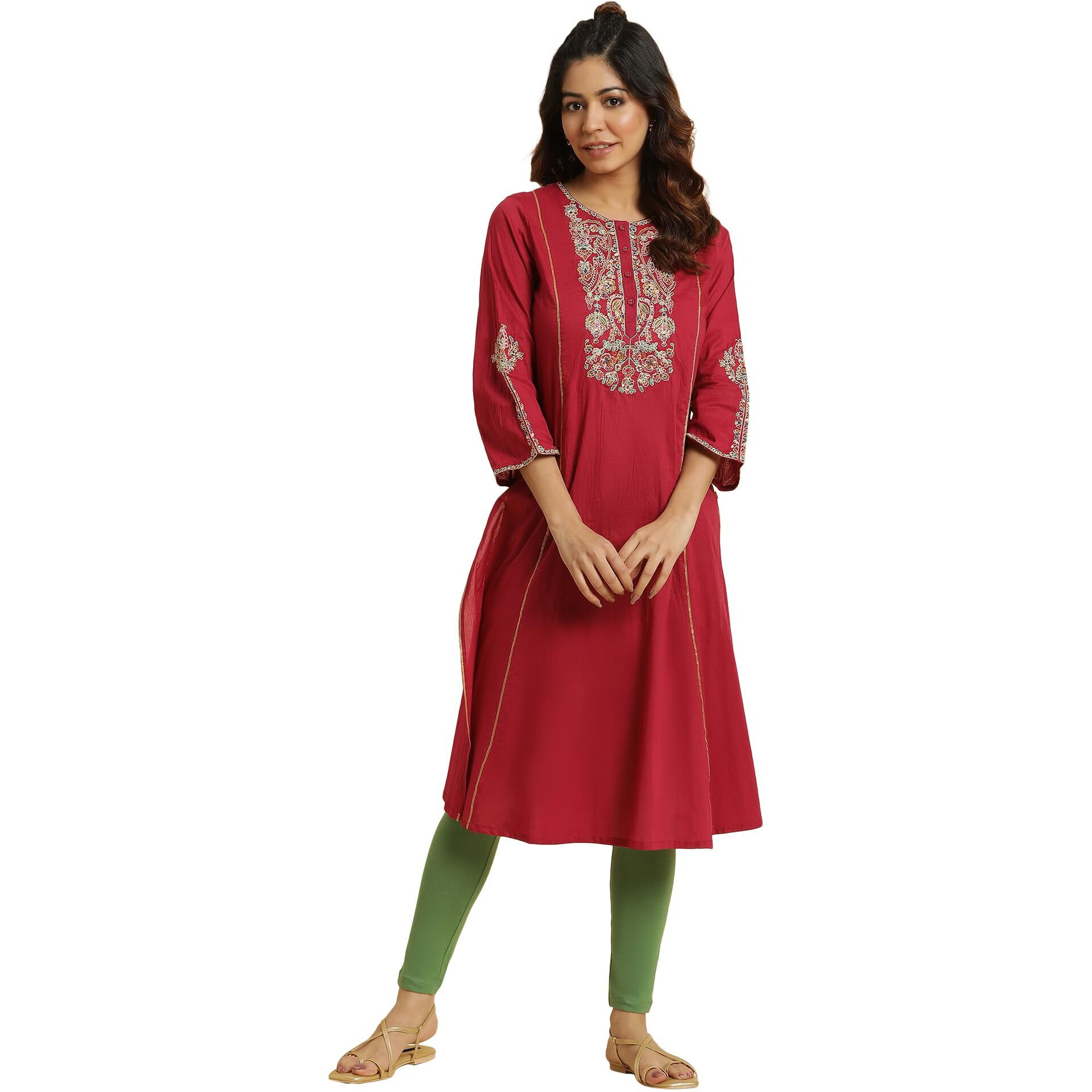 W For Woman Maroon Cotton Embroidered Regular Kurta with Dori W For Womanork