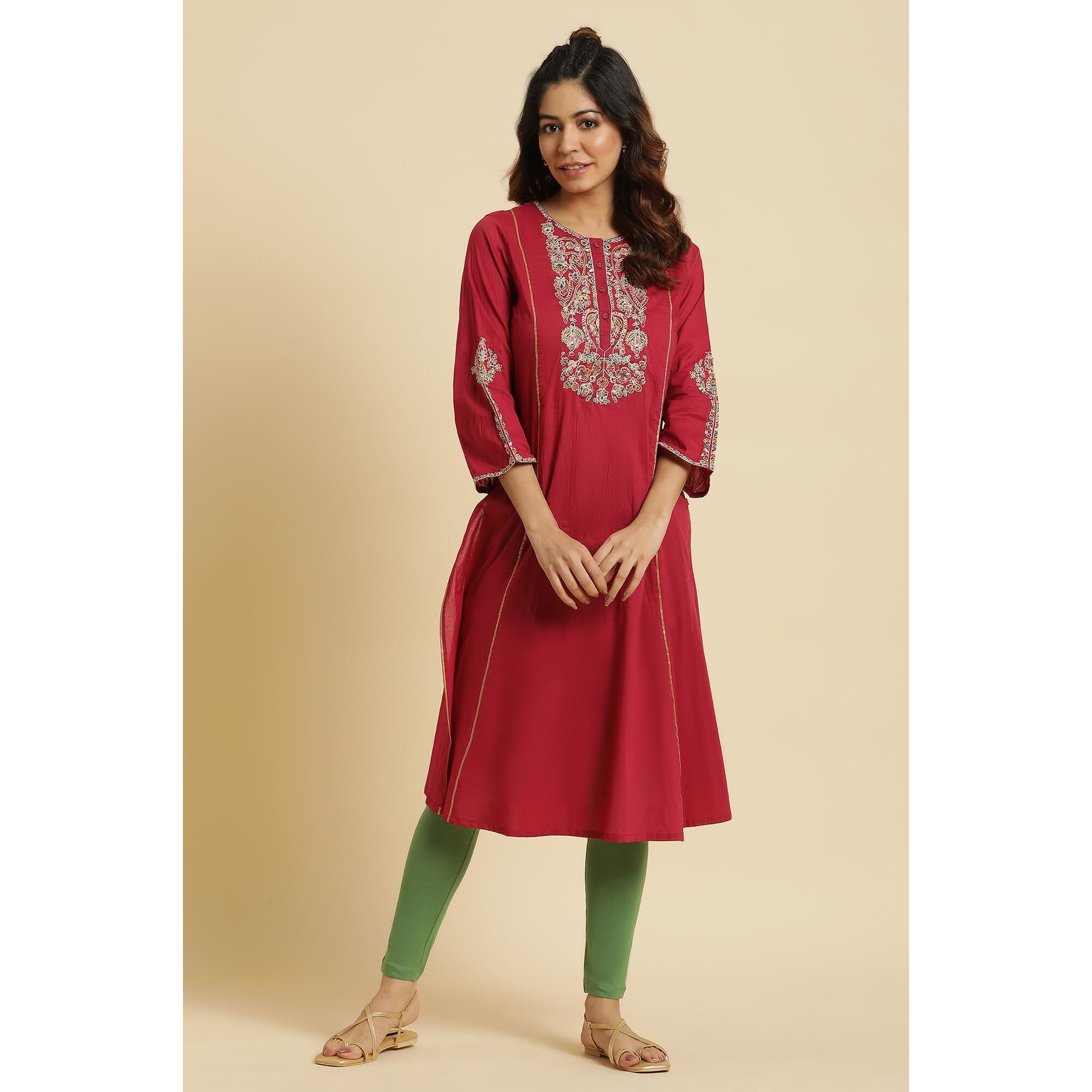 W For Woman Maroon Cotton Embroidered Regular Kurta with Dori W For Womanork