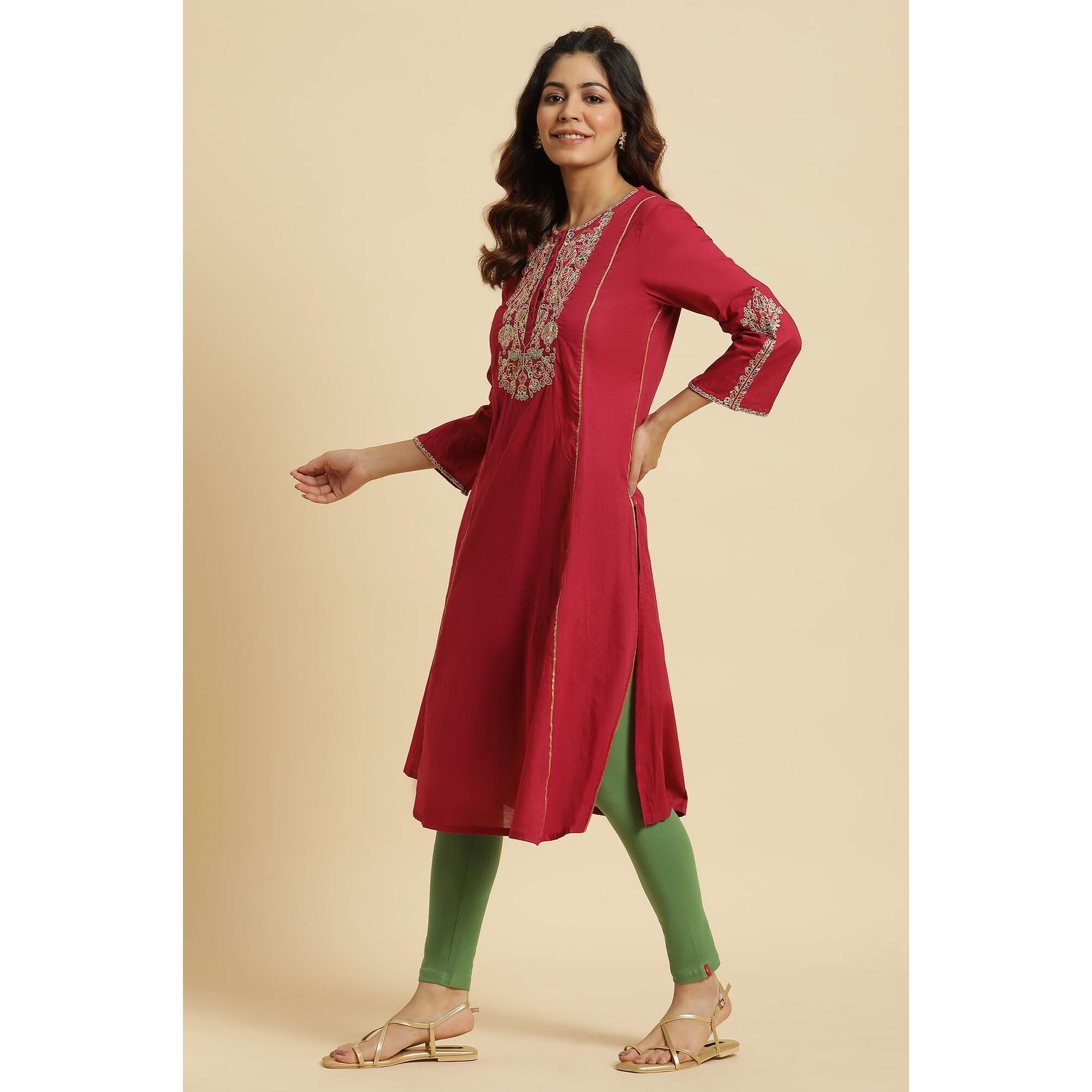 W For Woman Maroon Cotton Embroidered Regular Kurta with Dori W For Womanork