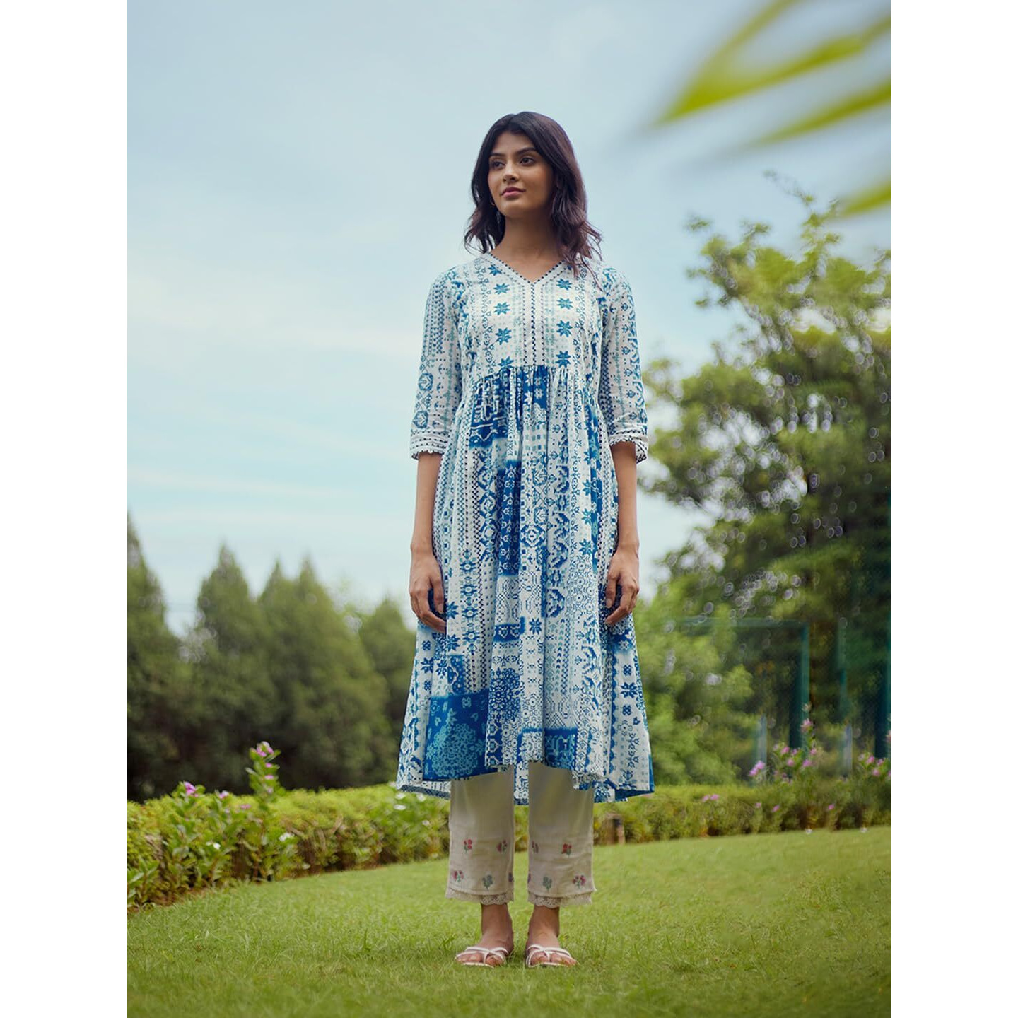 W For Woman W For Womanhite Geometric Printed Cotton Regular Kurta with Shell Buttons