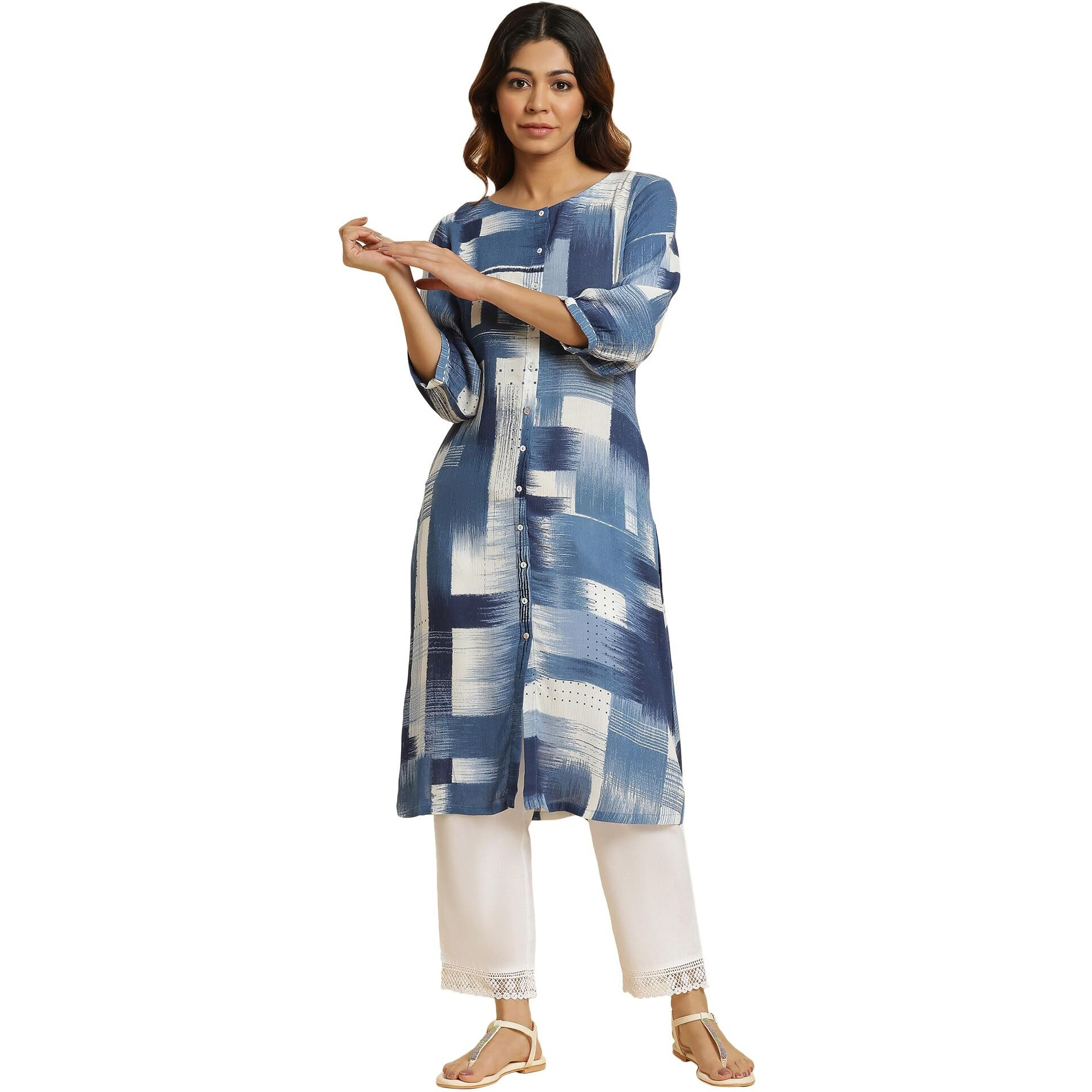 W For Woman Blue Abstract Regular Kurta with Kantha