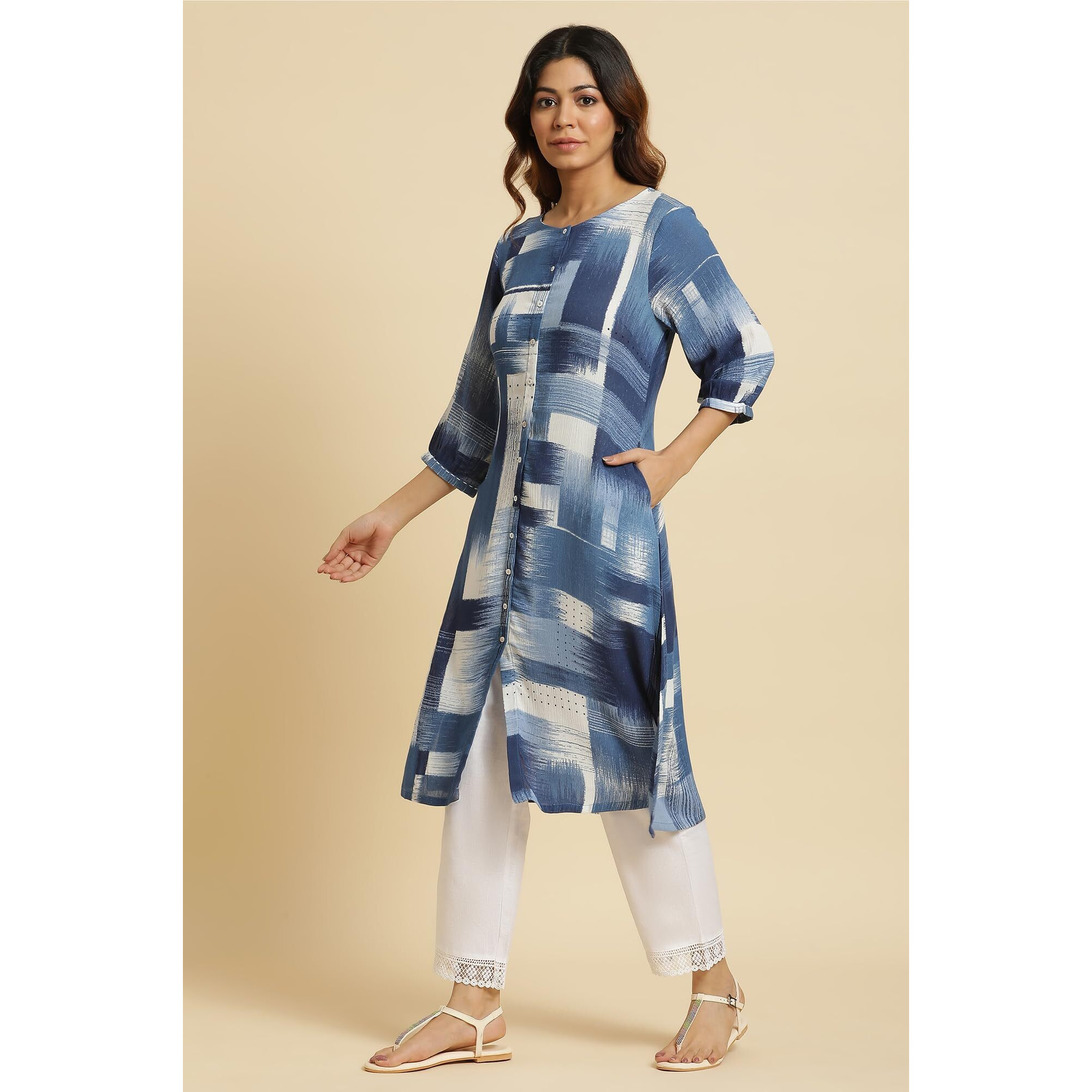 W For Woman Blue Abstract Regular Kurta with Kantha