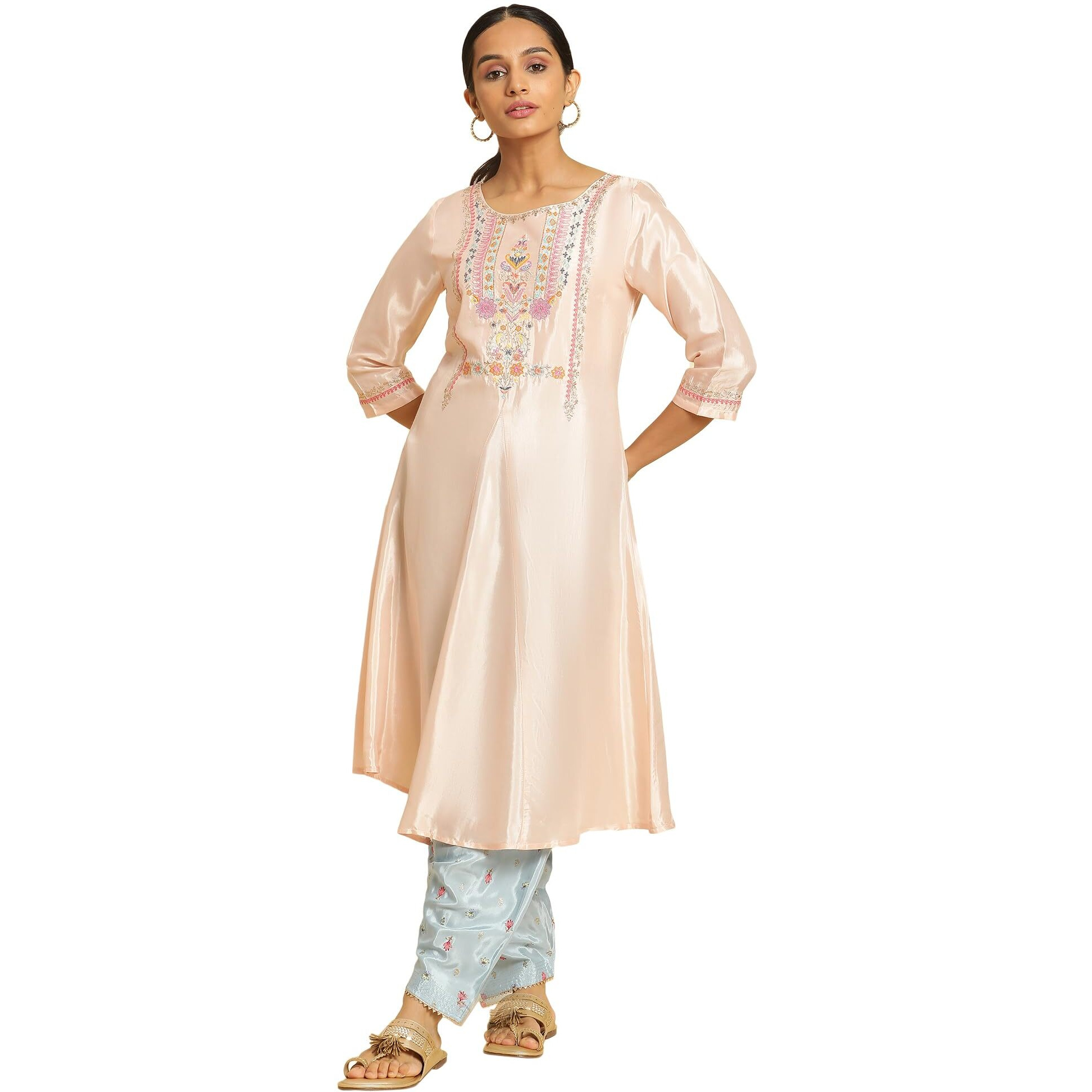 W for Woman Women's Viscose Solid Regular Kurta (23AUW19242-219277_Peach_14)