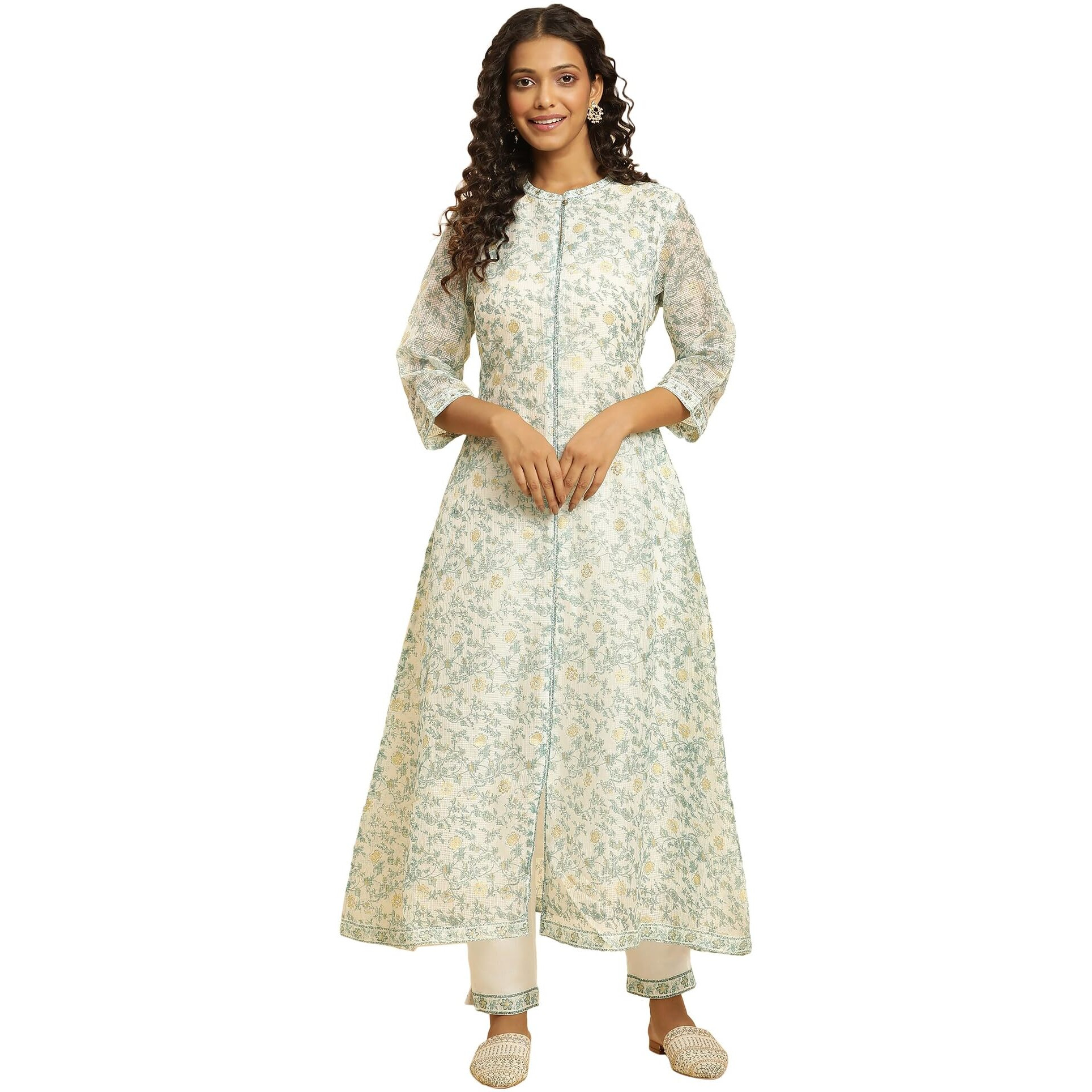 W for Woman Women's Polyester Floral Regular Kurta (23AUW19726-121425_Ecru_8)