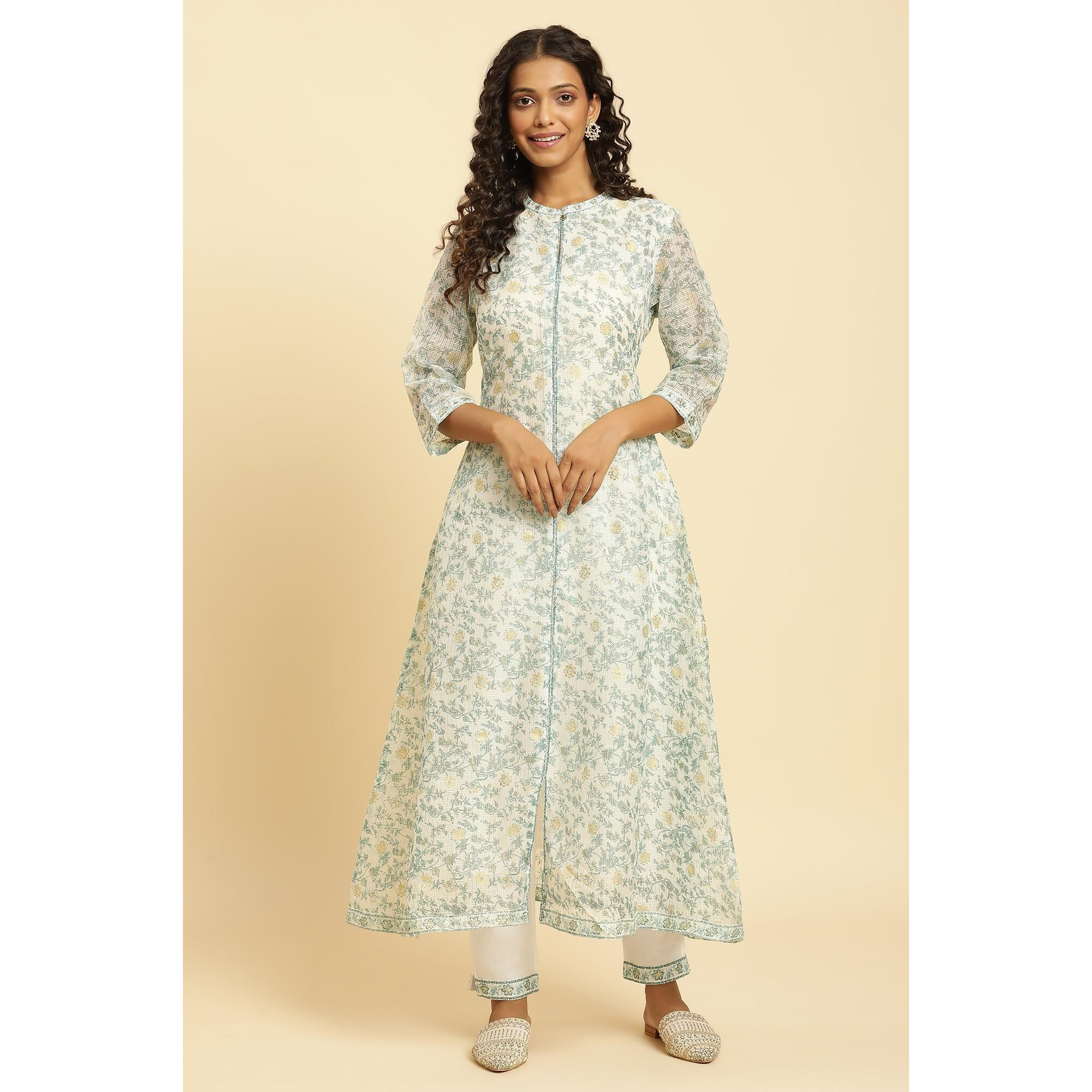 W for Woman Women's Polyester Floral Regular Kurta (23AUW19726-121425_Ecru_8)