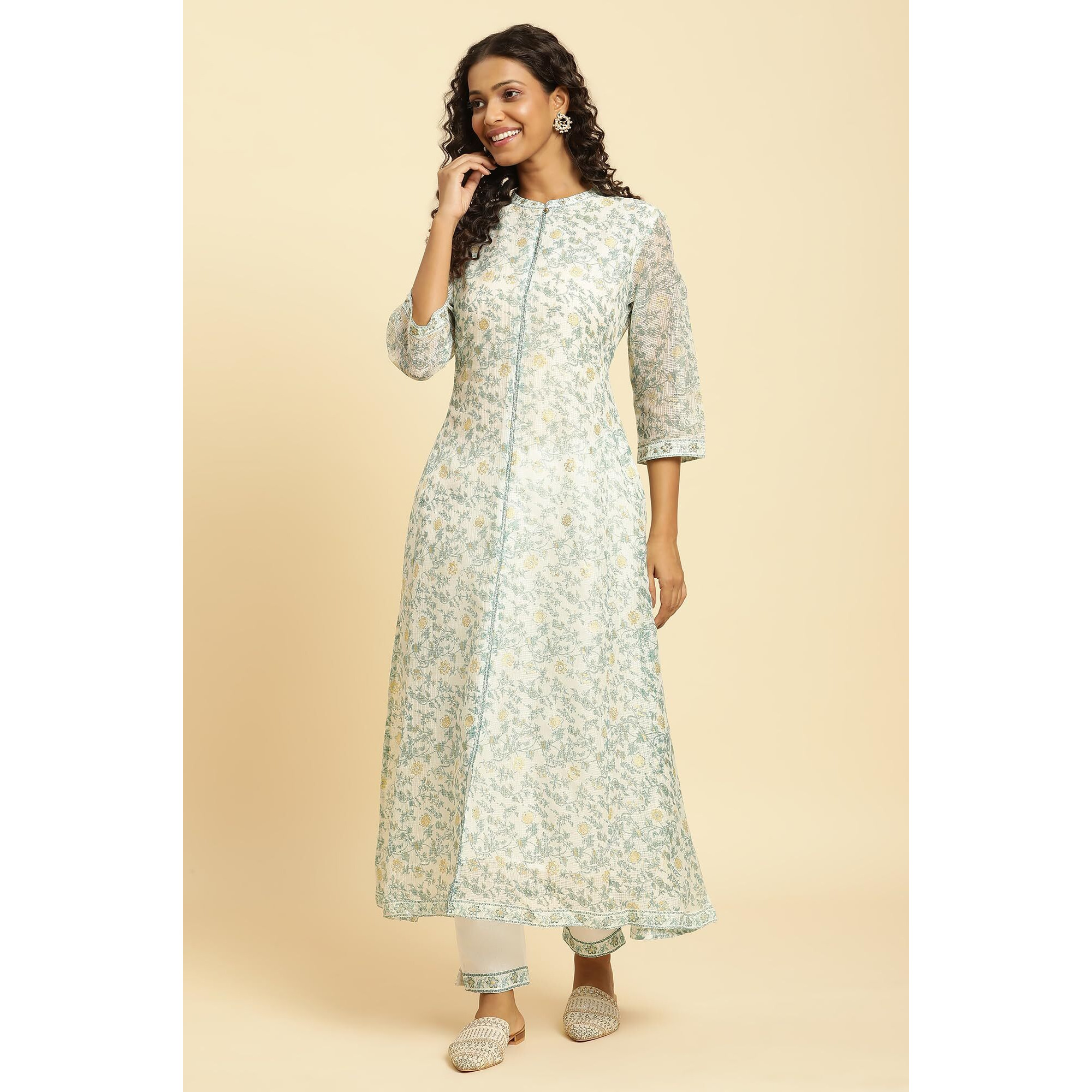 W for Woman Women's Polyester Floral Regular Kurta (23AUW19726-121425_Ecru_8)
