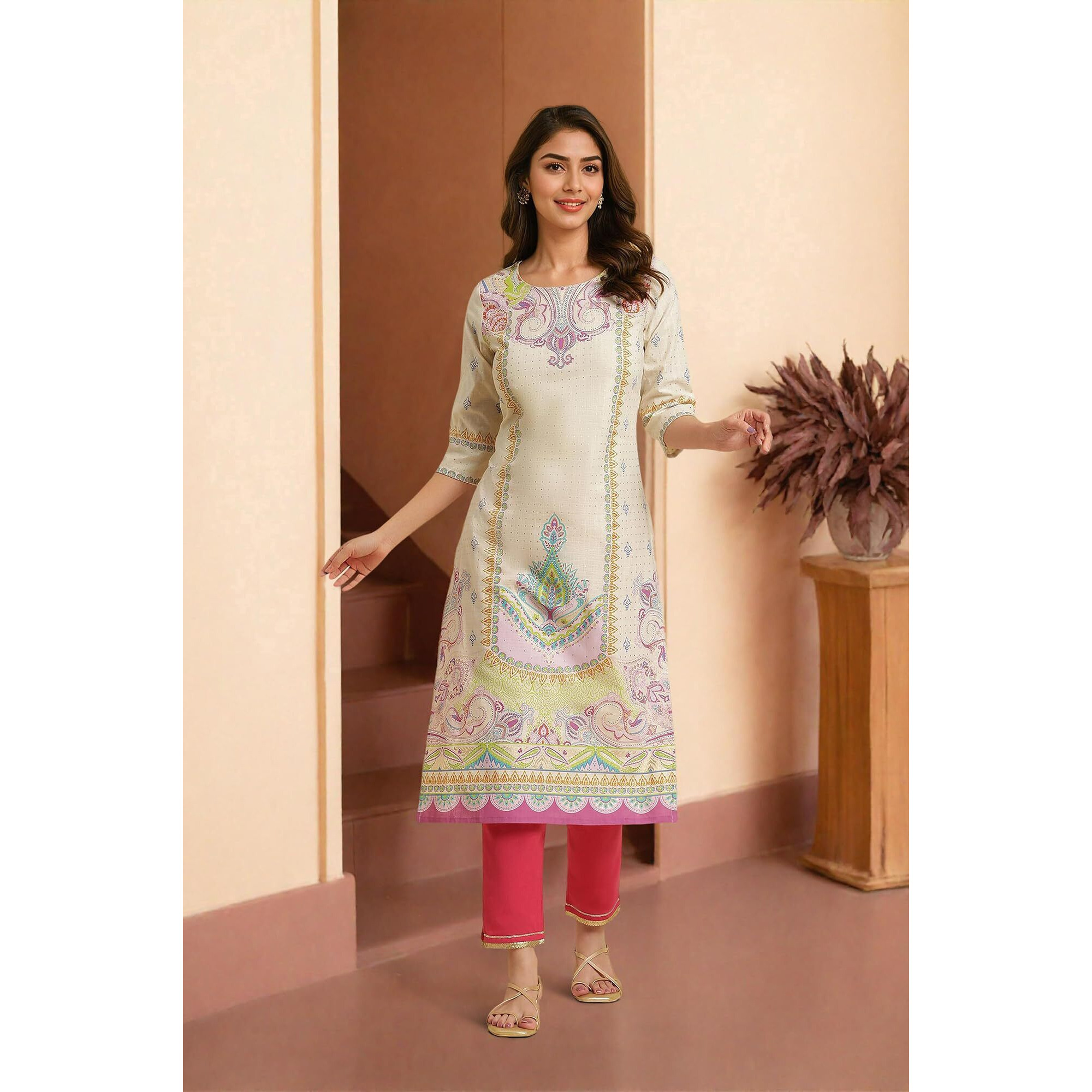 W For Woman Off W For Womanhite Paisley Printed Cotton Straight Long Foil Kurta