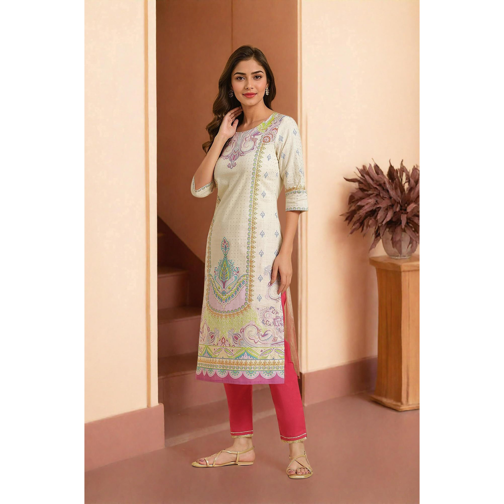 W For Woman Off W For Womanhite Paisley Printed Cotton Straight Long Foil Kurta