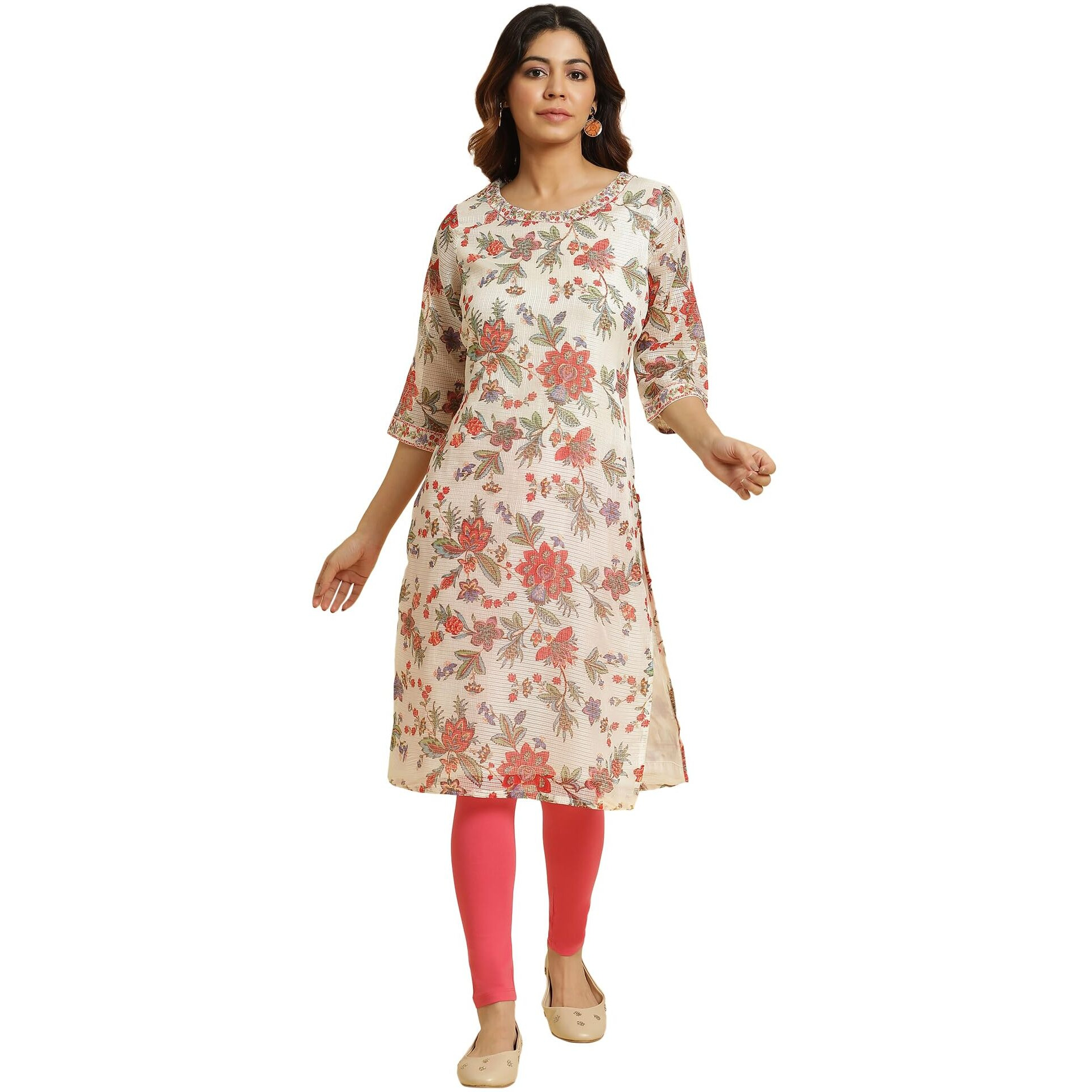 W For Woman Ecru Multicoloured Floral Printed Straight Long Kurta with Sequins