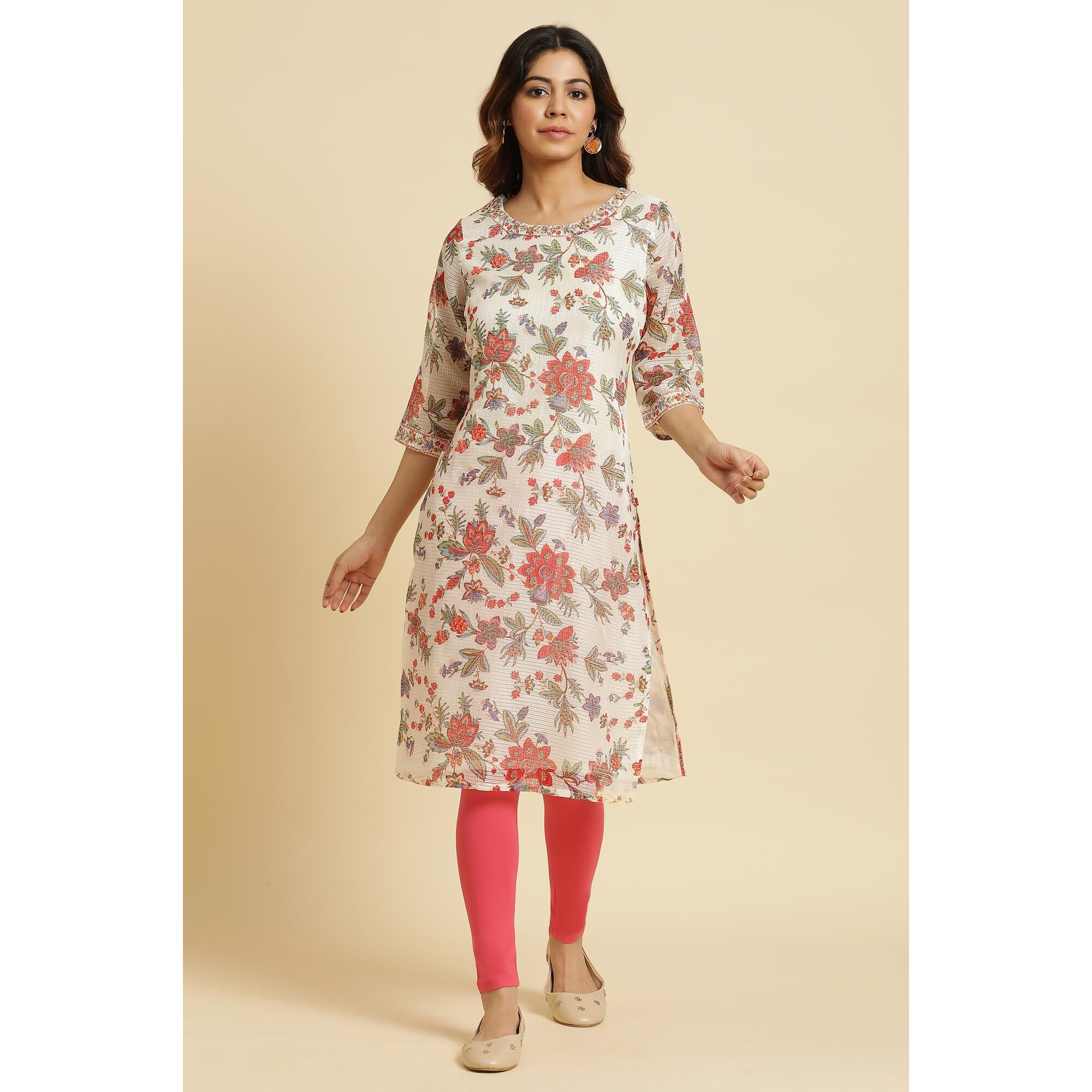 W For Woman Ecru Multicoloured Floral Printed Straight Long Kurta with Sequins