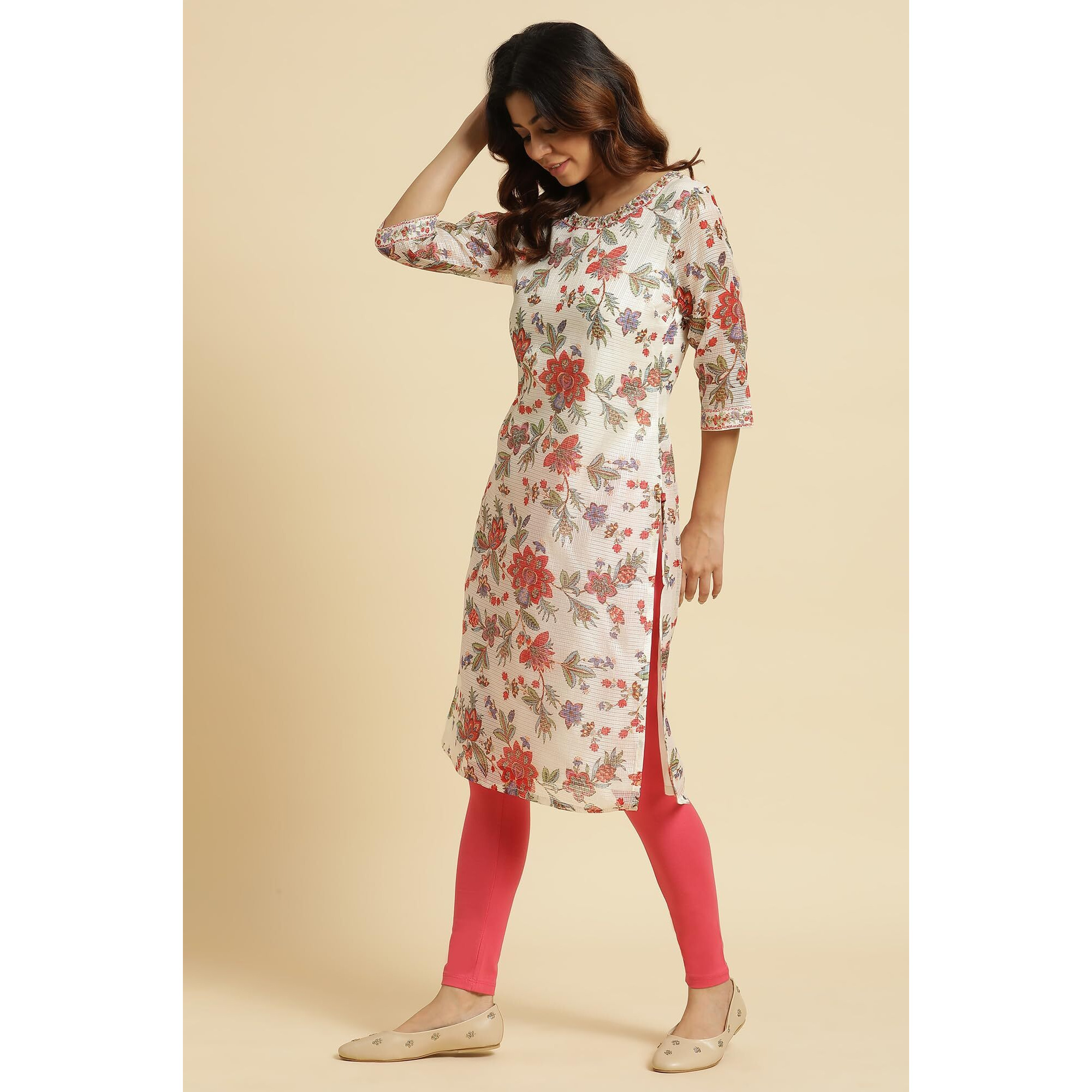 W For Woman Ecru Multicoloured Floral Printed Straight Long Kurta with Sequins