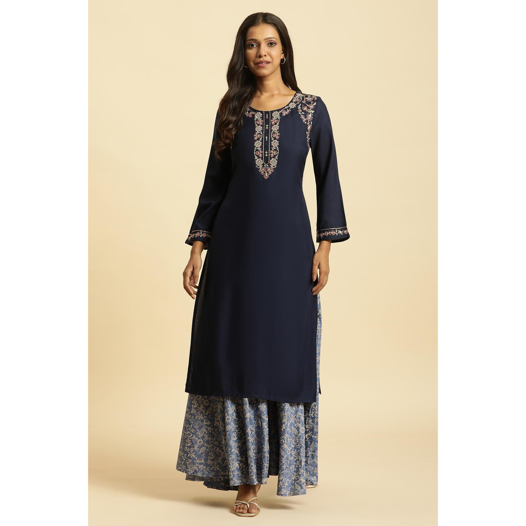 W Blue Floral Printed Zari Straight Long Kurta for Women