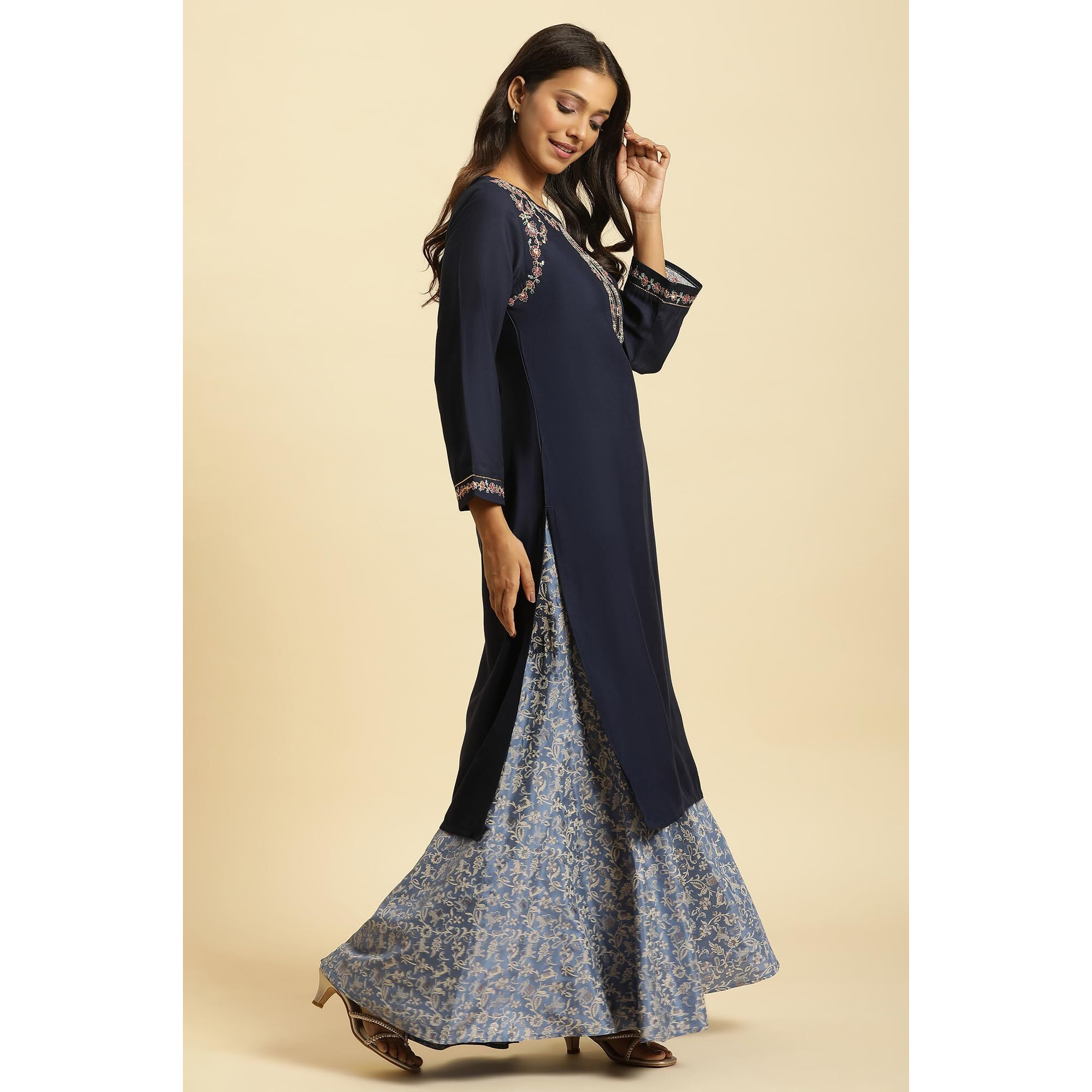 W Blue Floral Printed Zari Straight Long Kurta for Women