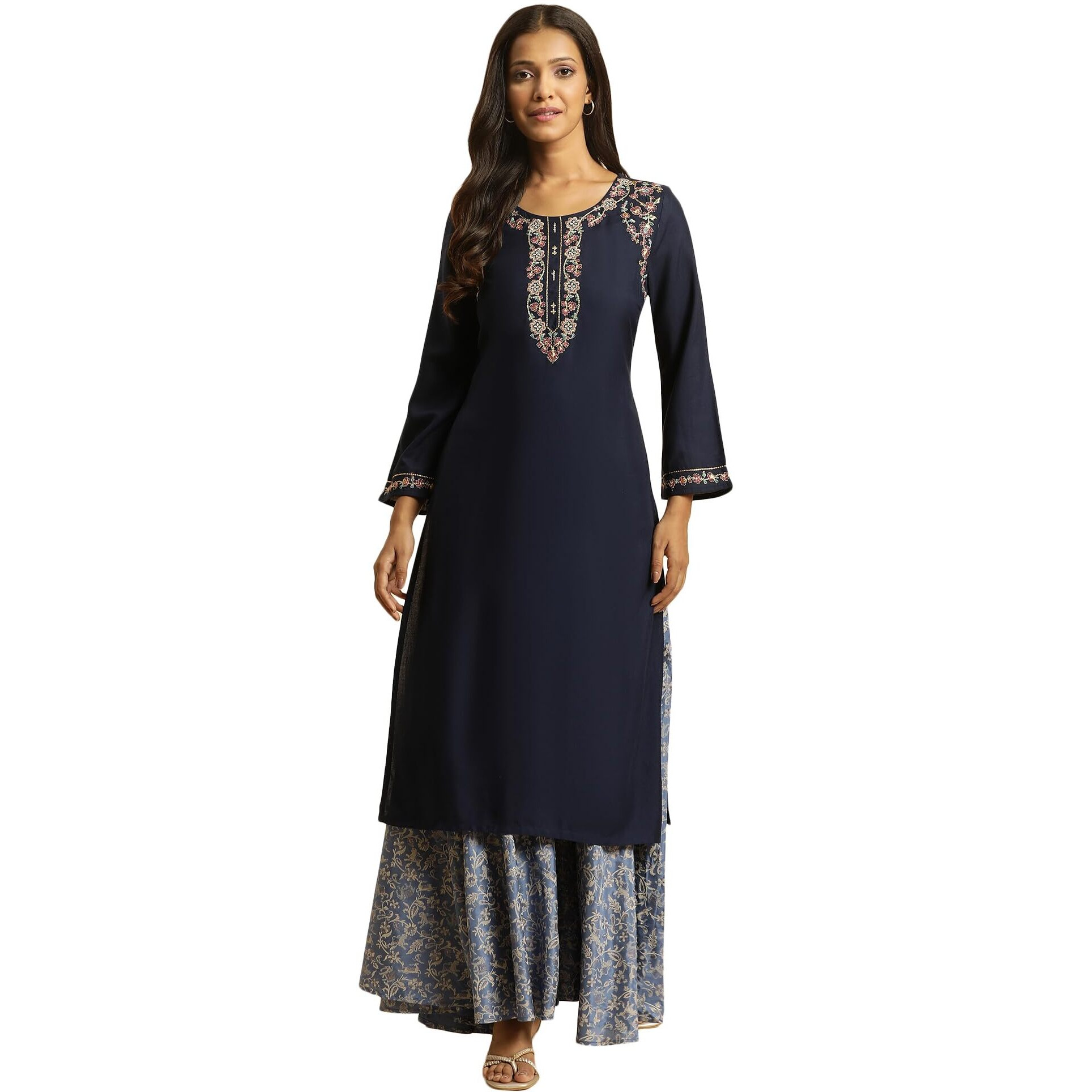 W Blue Floral Printed Zari Straight Long Kurta for Women