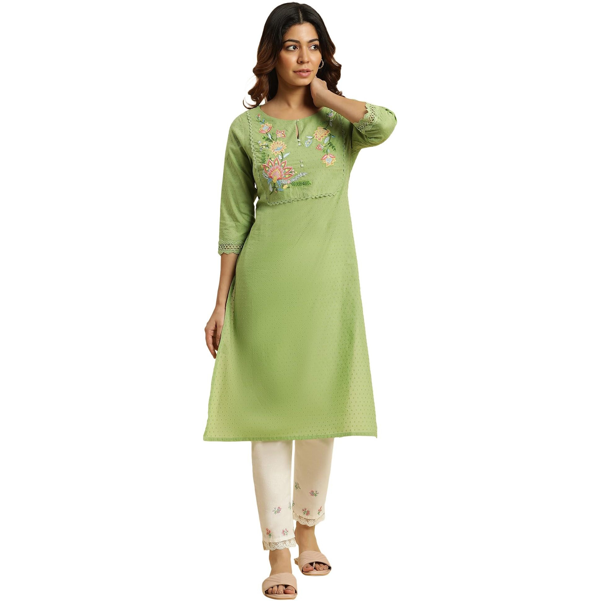 W For Woman Green Cotton Floral Printed Regular Kurta with Lace Detail