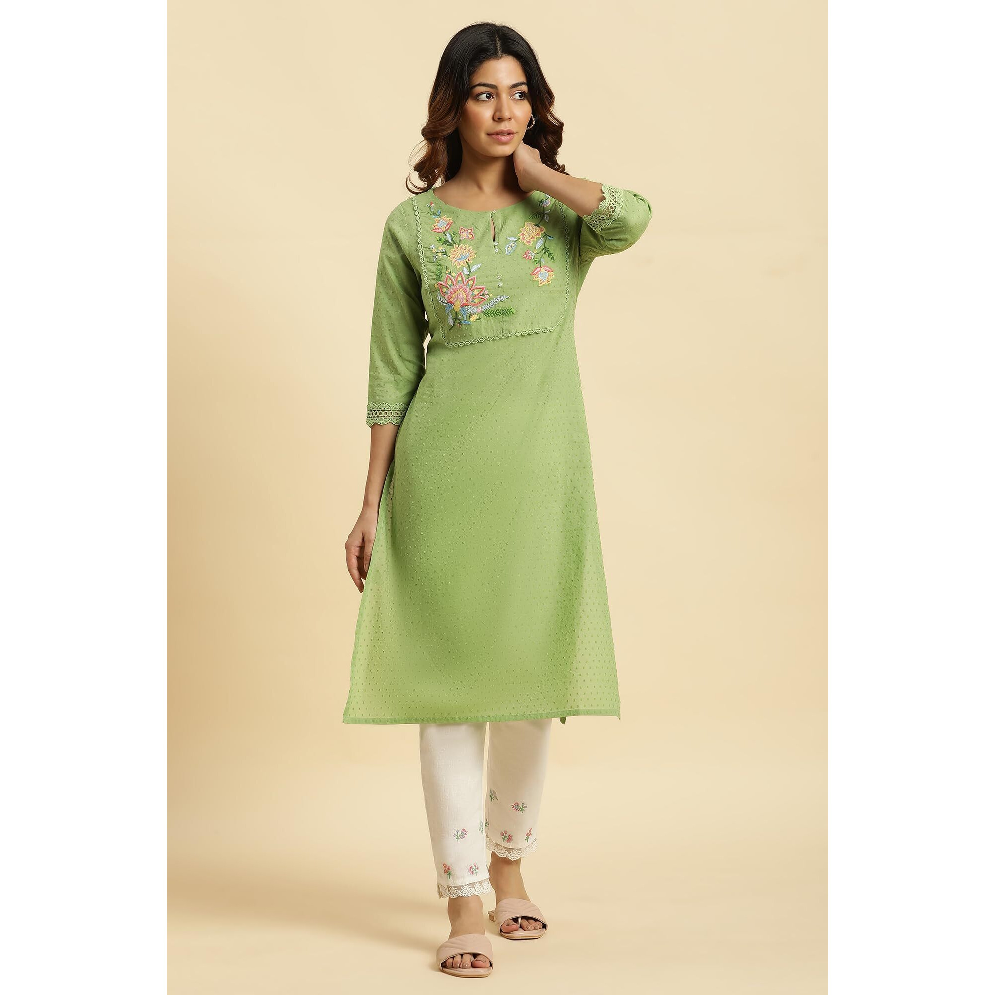 W For Woman Green Cotton Floral Printed Regular Kurta with Lace Detail